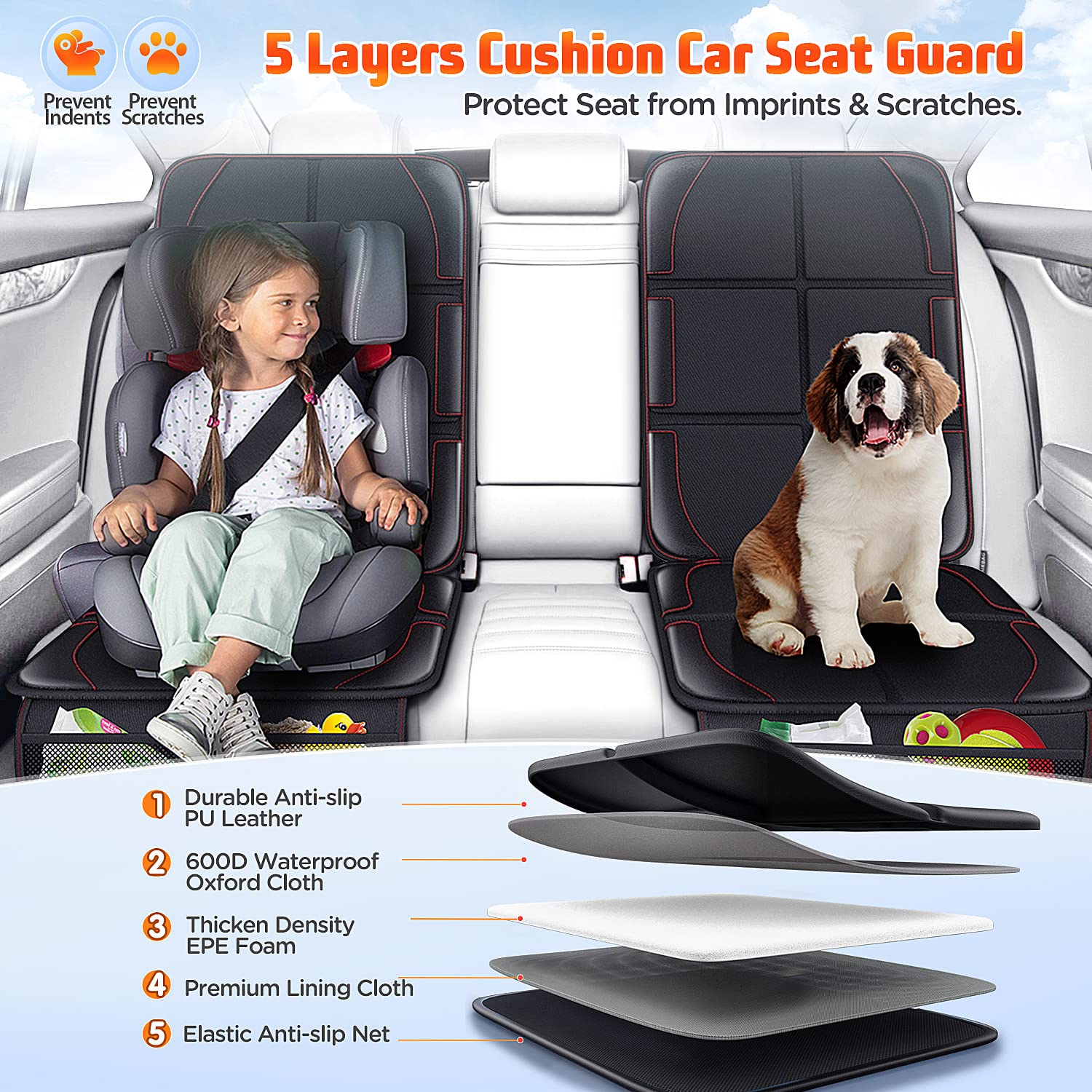 Gimars 600D Oxford fabric shields leather seats from stains and moisture.