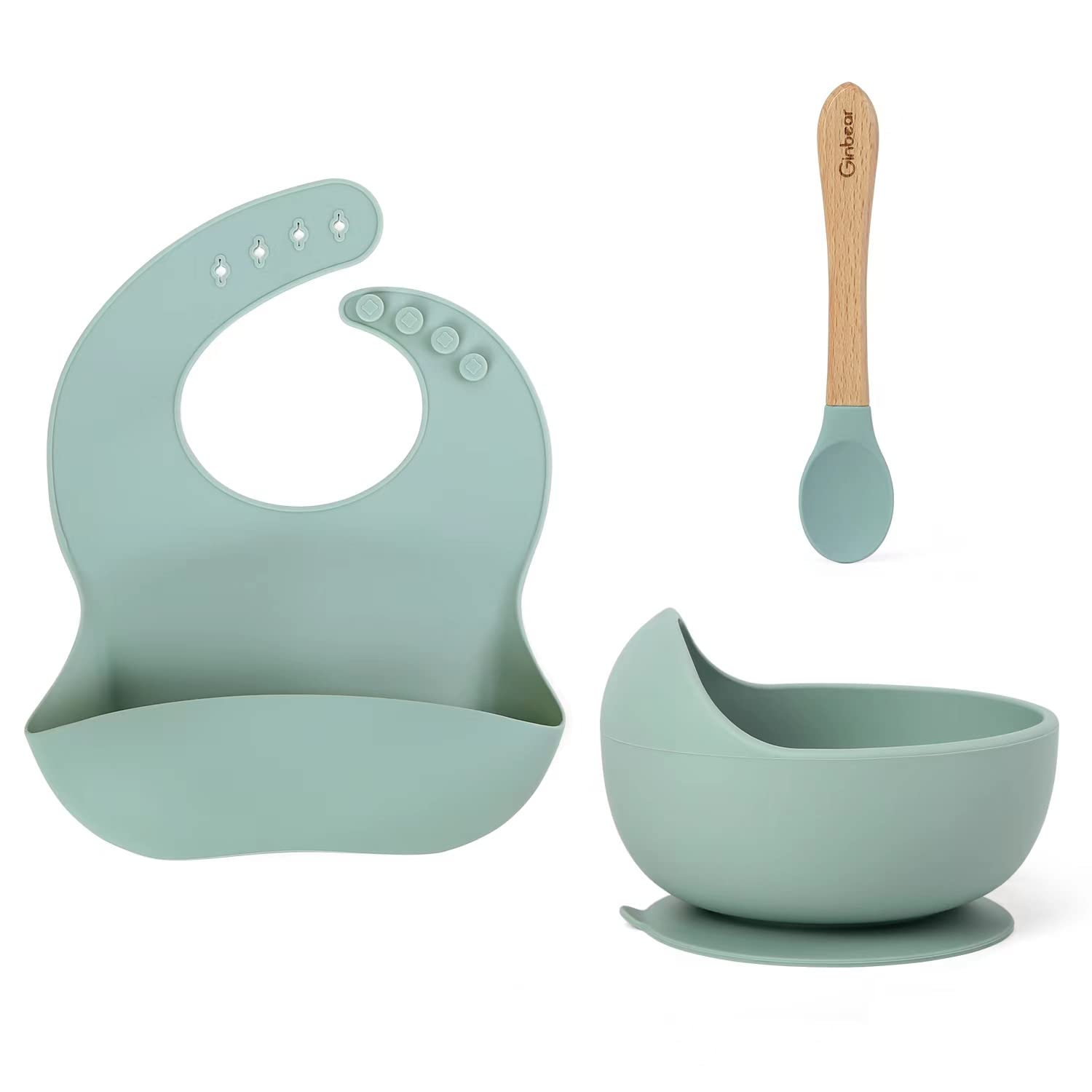 Ginbear baby bowl with suction cup attached to high chair tray for mess-free meals.