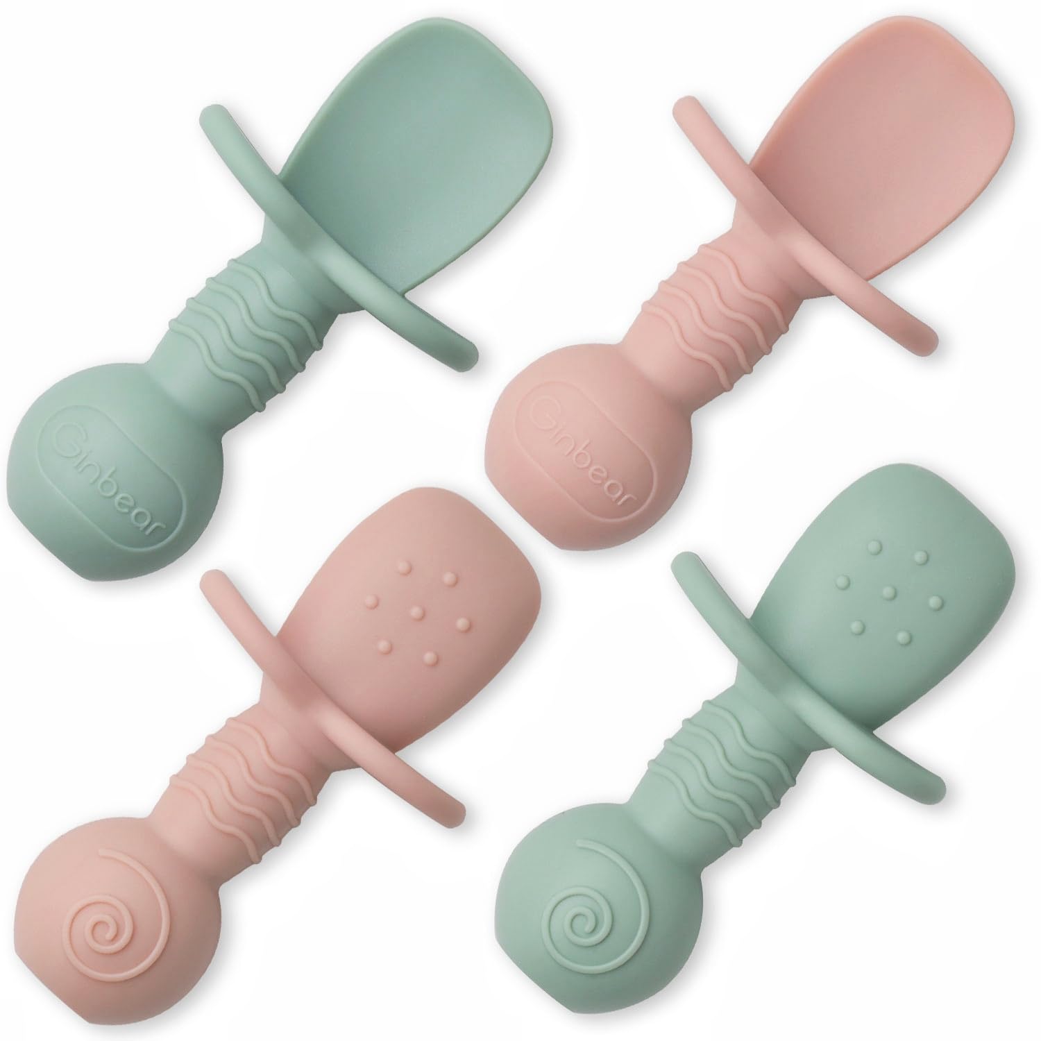 Ginbear platinum silicone baby spoon in hazy green with safe self-feeding design.