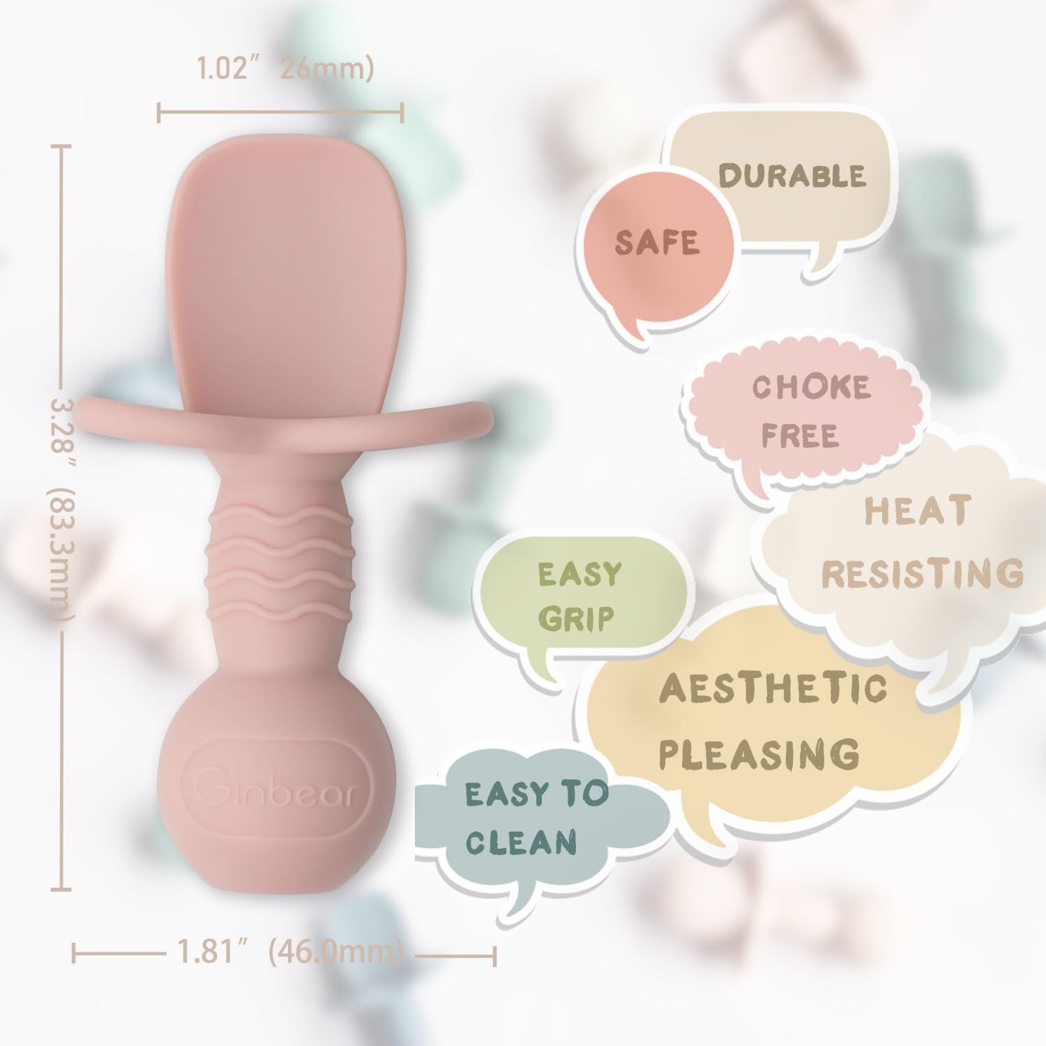 Ginbear self-feeding spoon set helps babies practice hand-eye coordination.