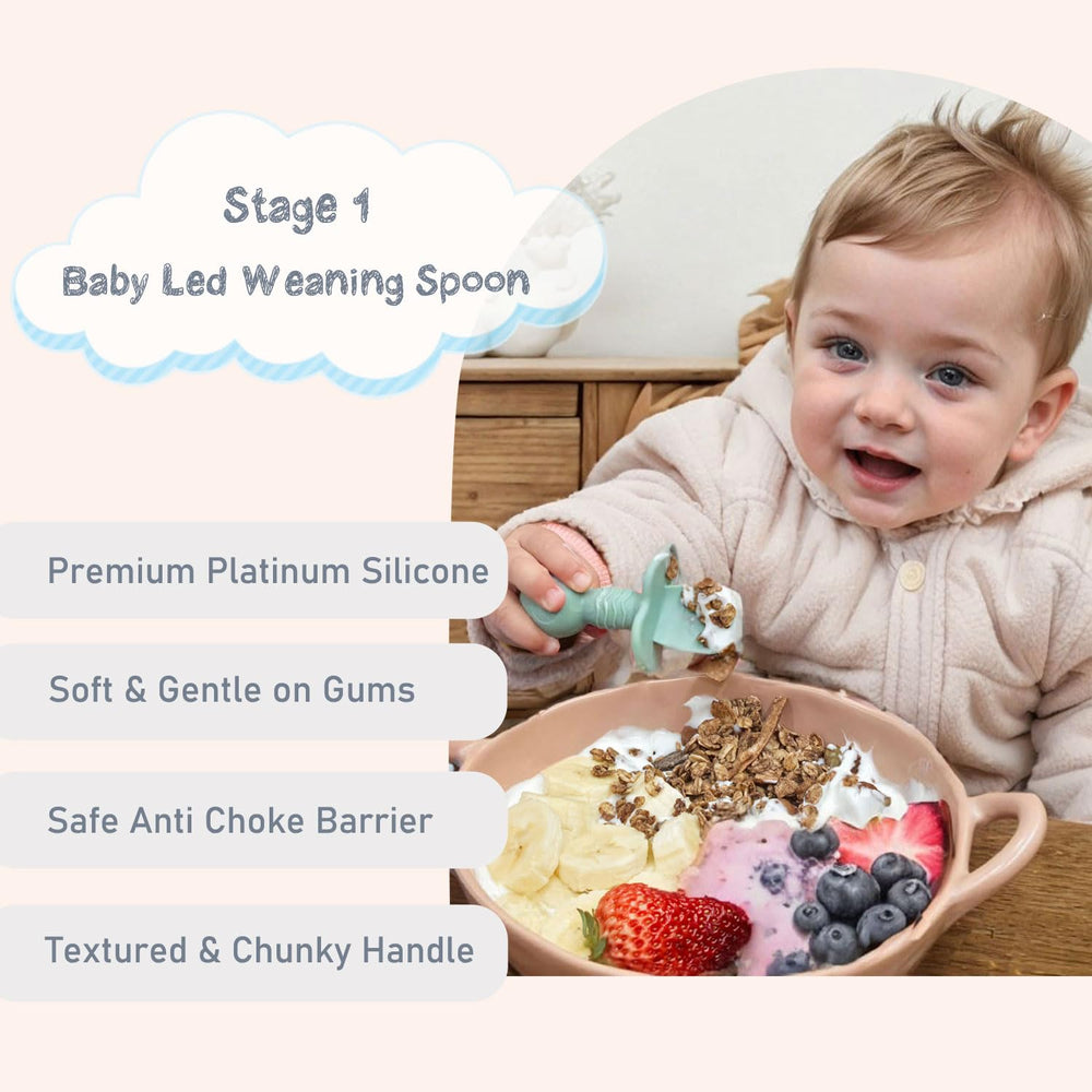Ginbear spoon with textured ergonomic handle supports little eaters.