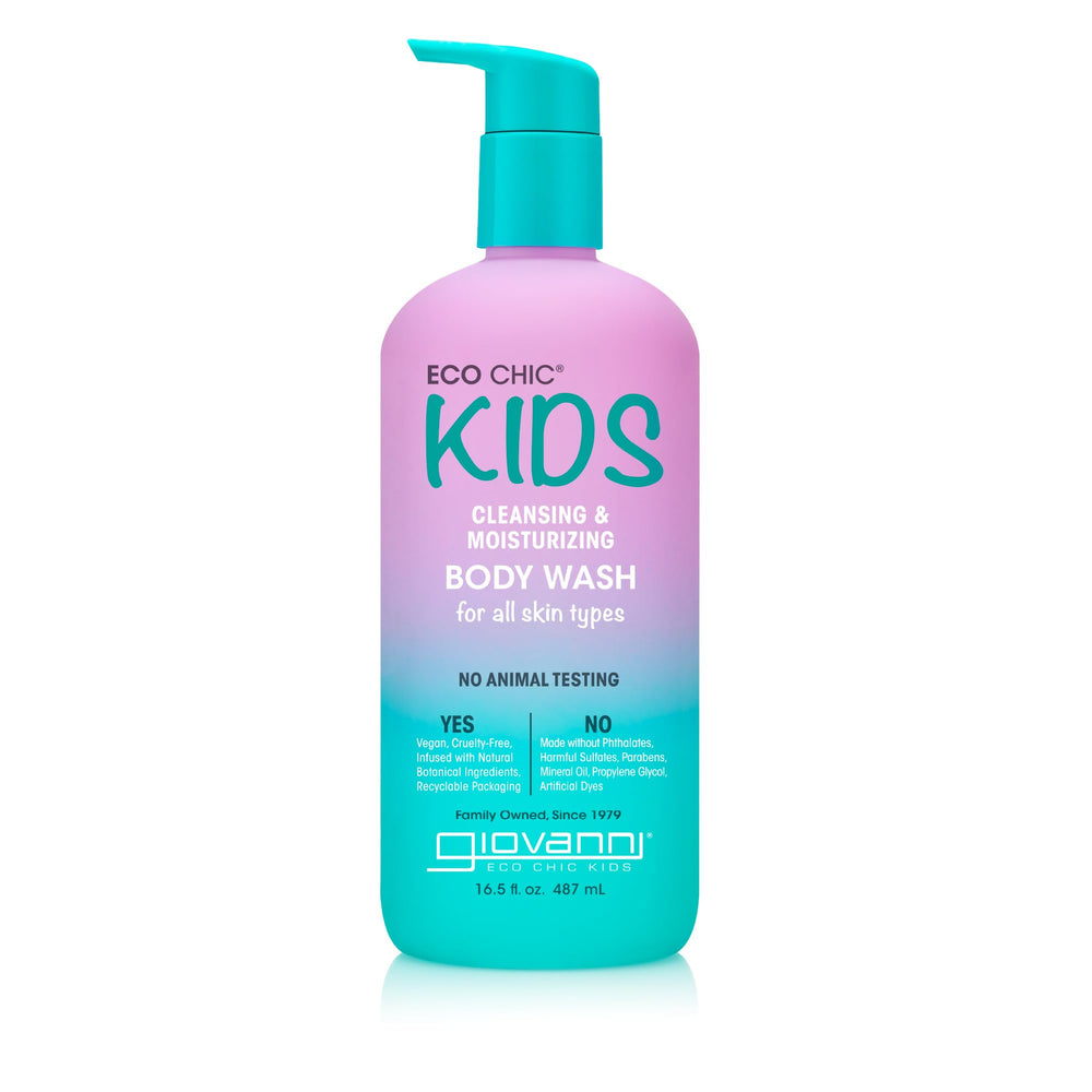 GIOVANNI Eco Chic KIDs bottle pour demonstrates gentle cleansing for kids' skin.