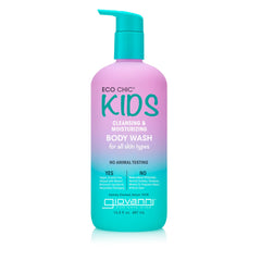 GIOVANNI Eco Chic KIDs bottle pour demonstrates gentle cleansing for kids' skin.
