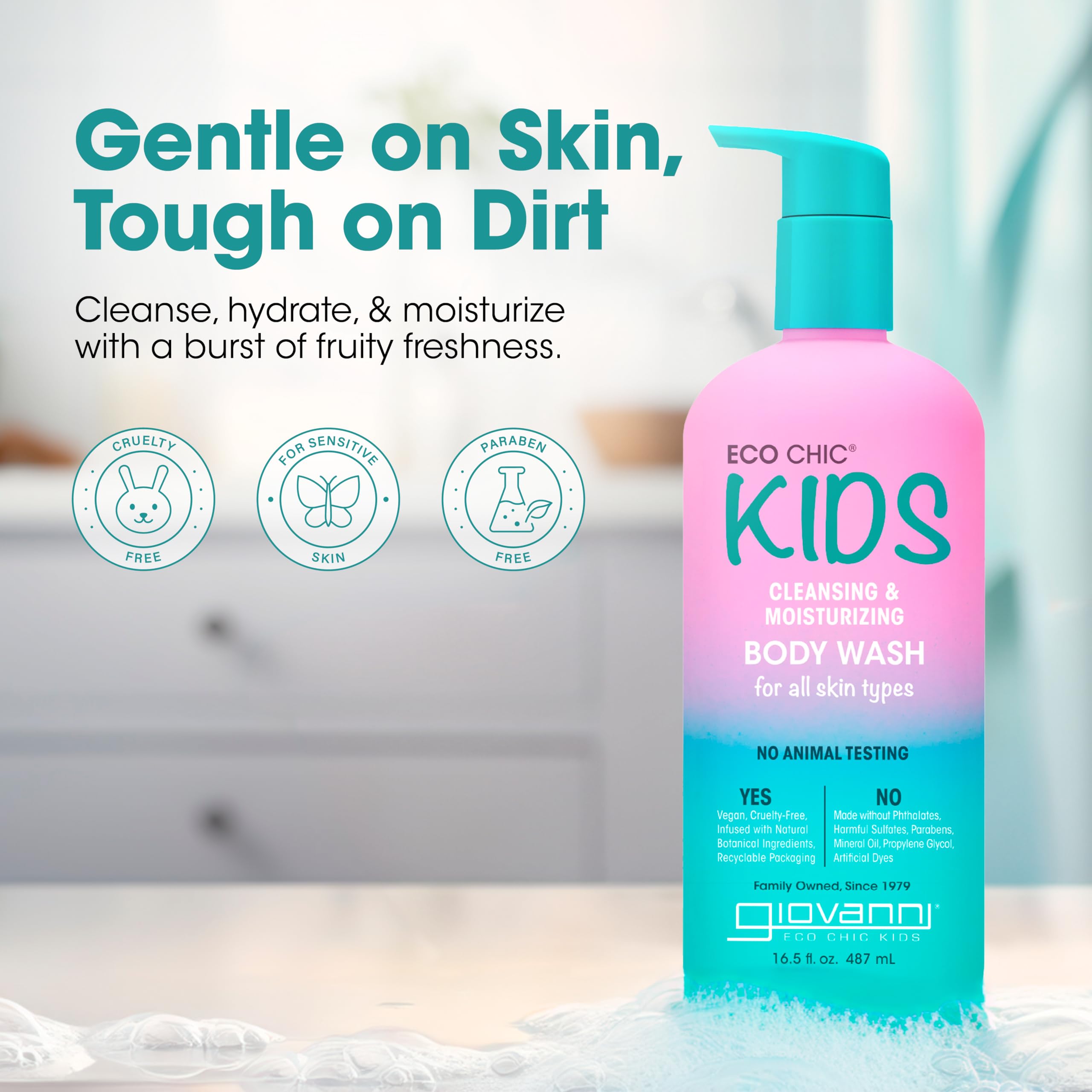 GIOVANNI Eco Chic KIDs lather close-up reveals creamy foam for sensitive skin.