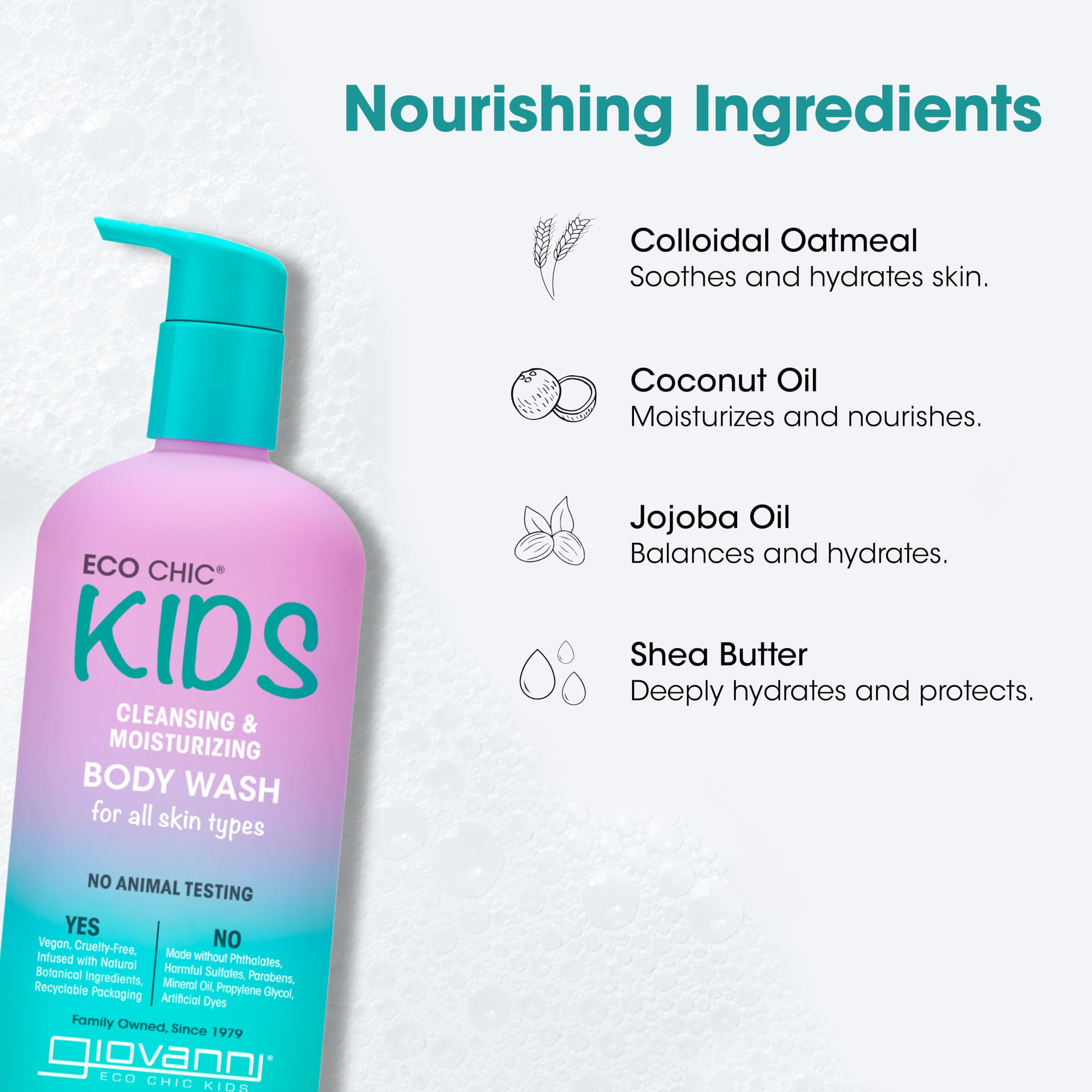 GIOVANNI Eco Chic KIDs packaging shows vegan, recyclable packaging and cruelty-free ethics.