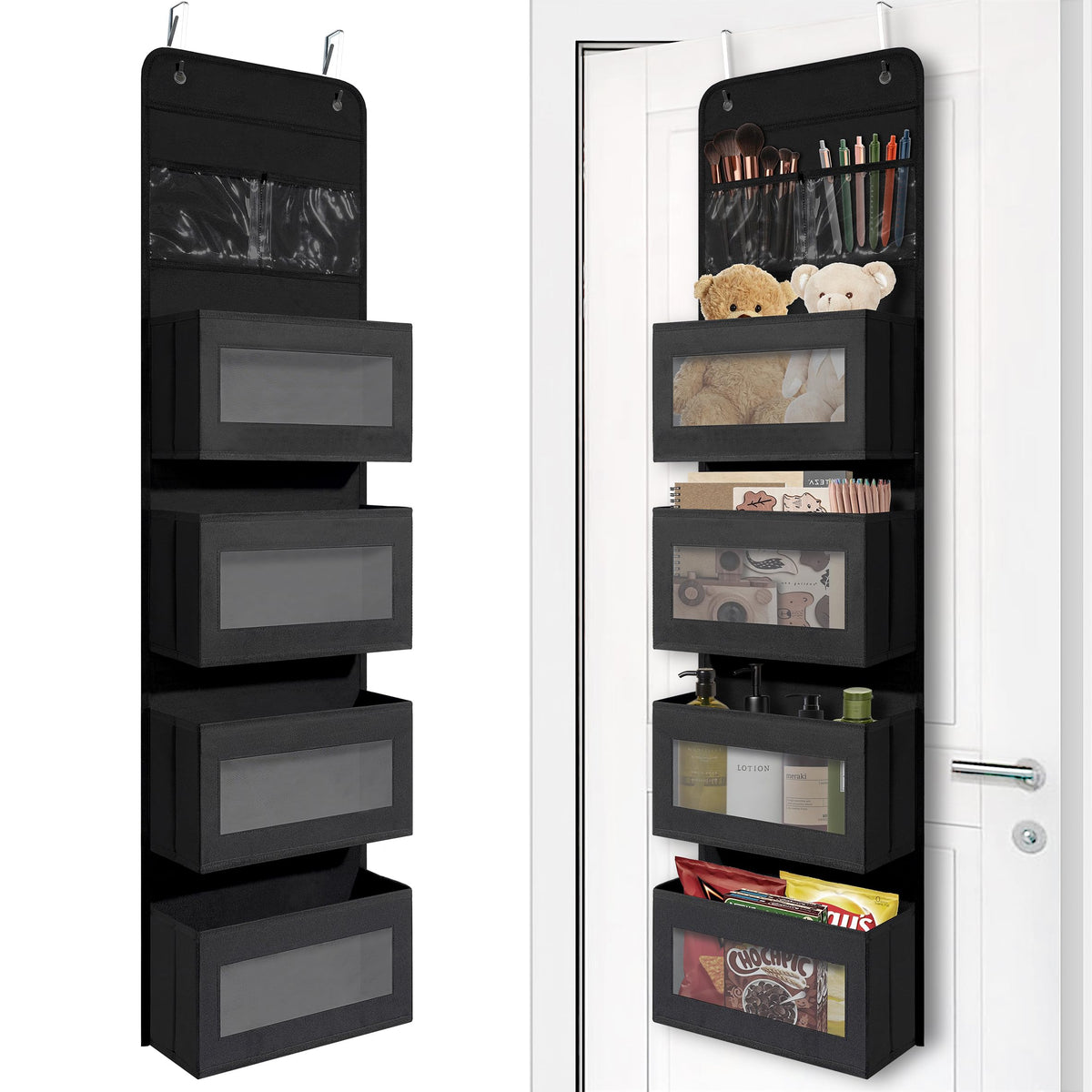 Giraffe Creation over door organizer with four pockets for quick bottle access.
