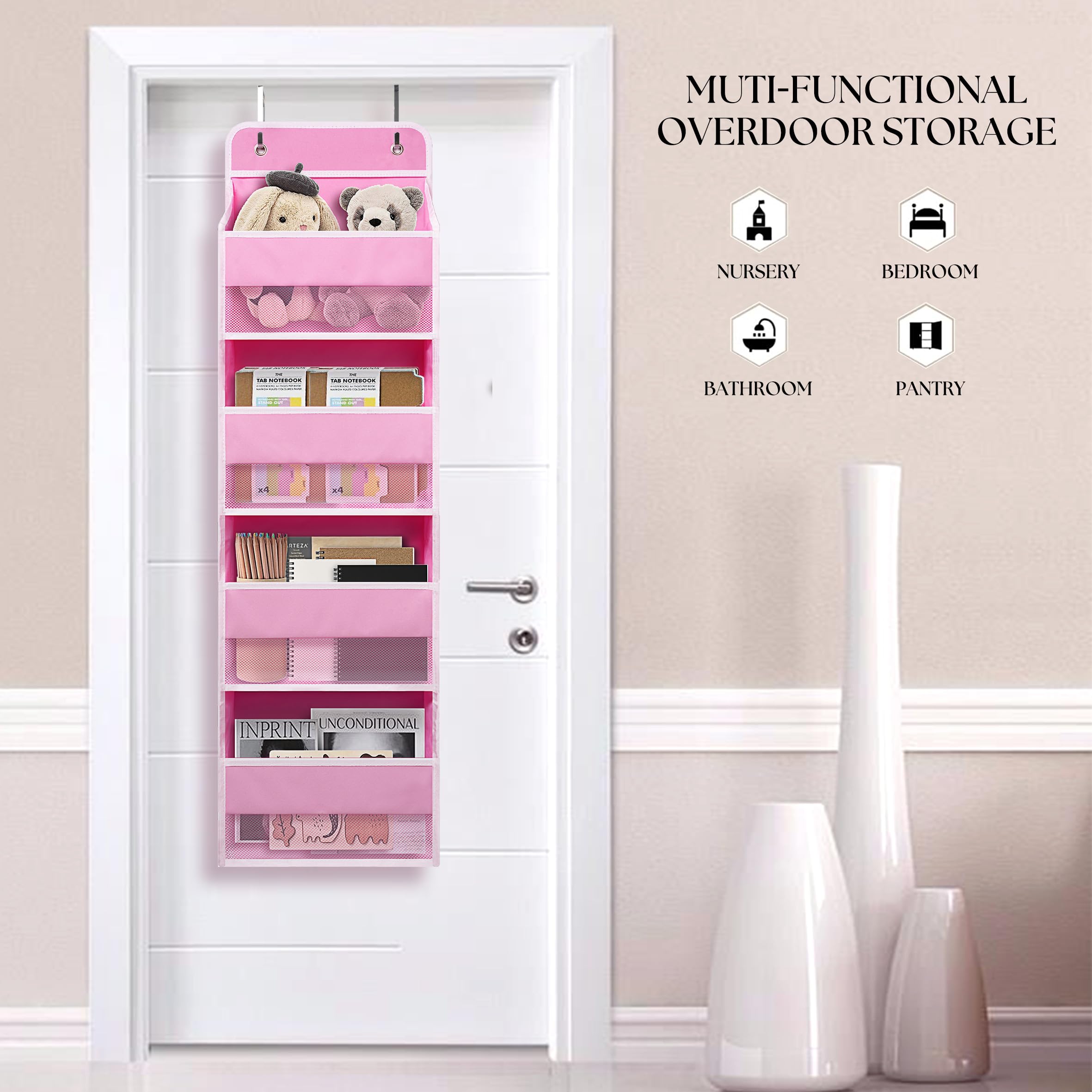 Giraffe Creation over door organizer shows contents through clear windows at a glance