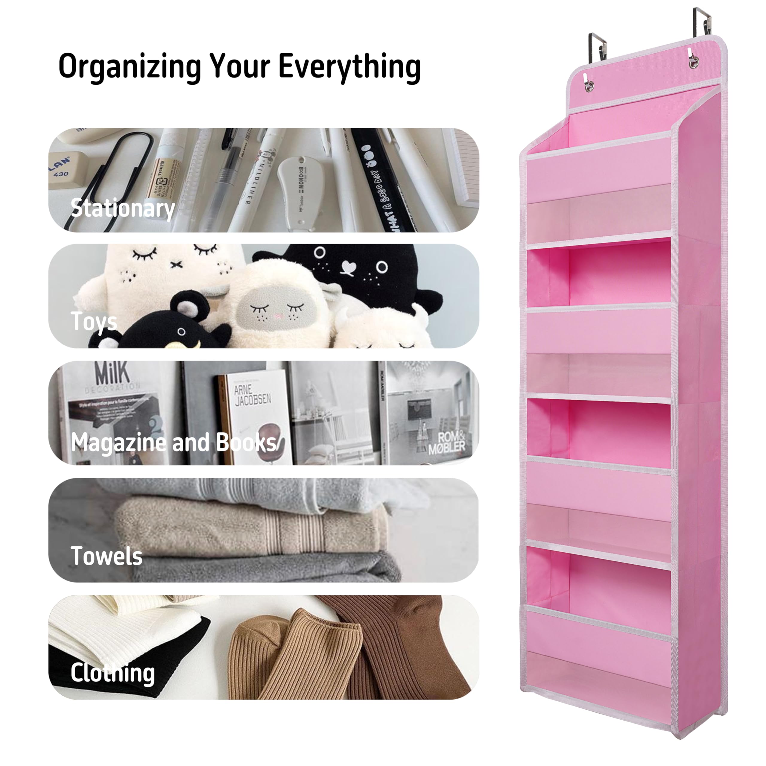 Giraffe Creation pink over door organizer adds a cheerful, practical touch