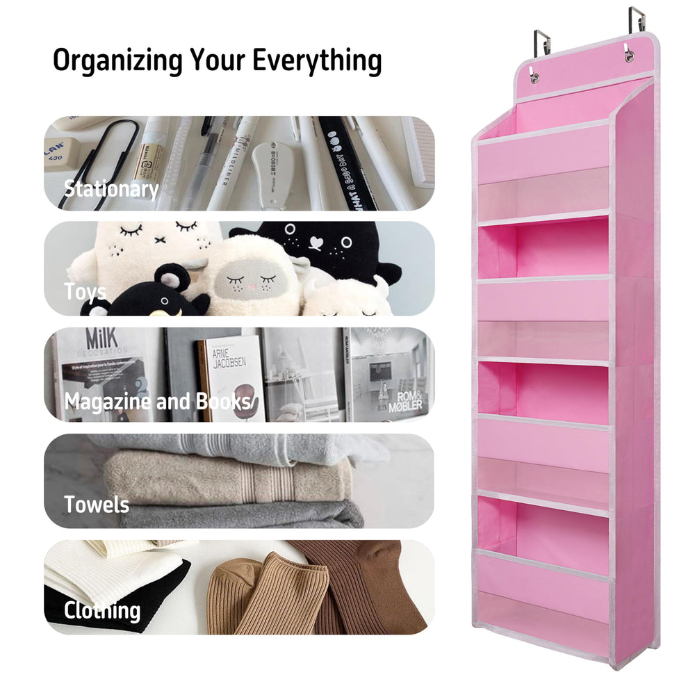 Giraffe Creation pink over door organizer adds a cheerful, practical touch