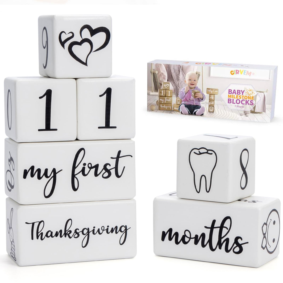 GIRVEM baby monthly milestone blocks front view for timeless photo props and keepsakes