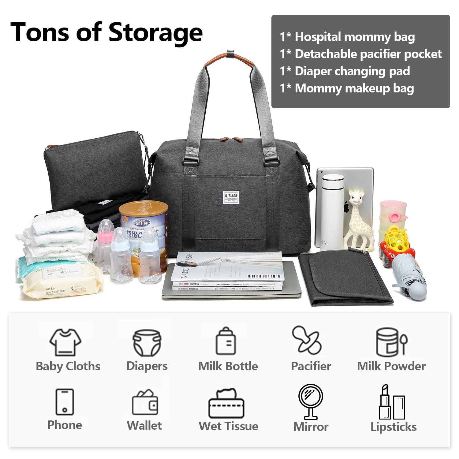 GITIBAB diaper bag pocket layout with insulated pockets for bottles and temperature control