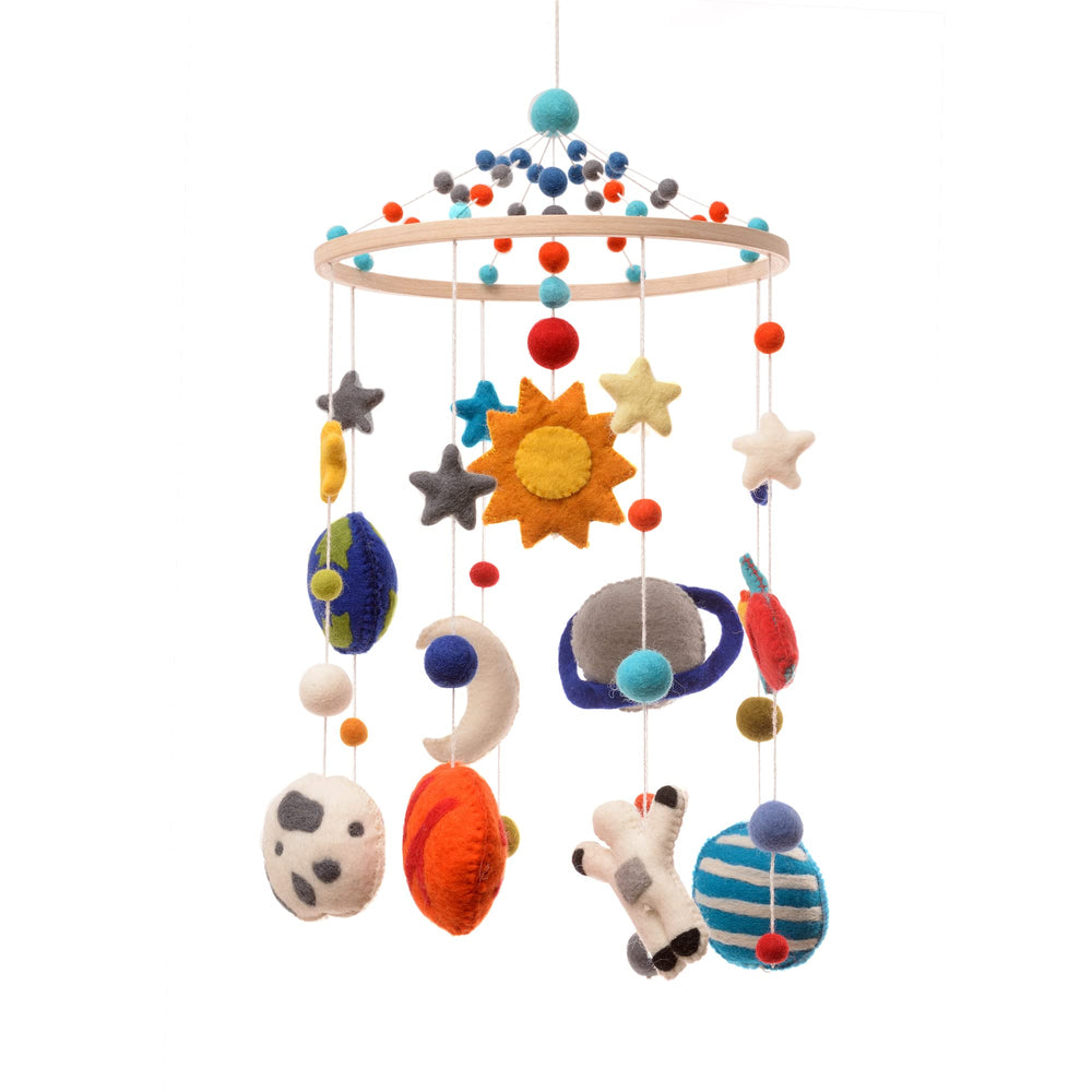 Glaciart One space nursery mobile planet assembly for crib viewing, enhances visual exploration.