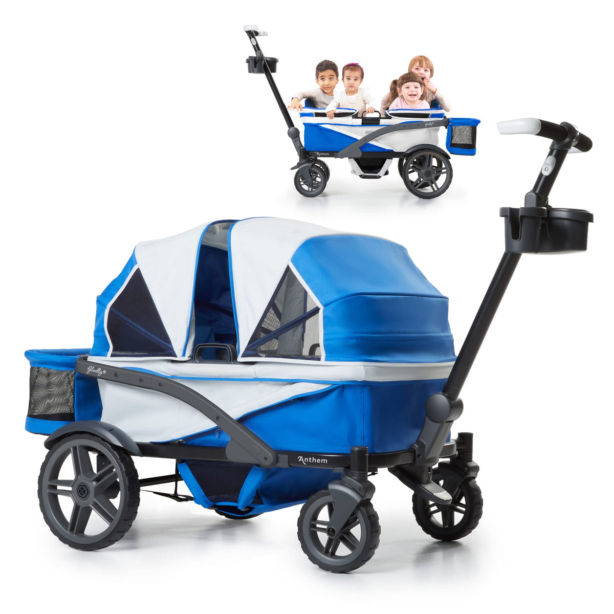 Gladly Family Anthem4 quad wagon side view showing rugged all-terrain wheels for outdoor adventures