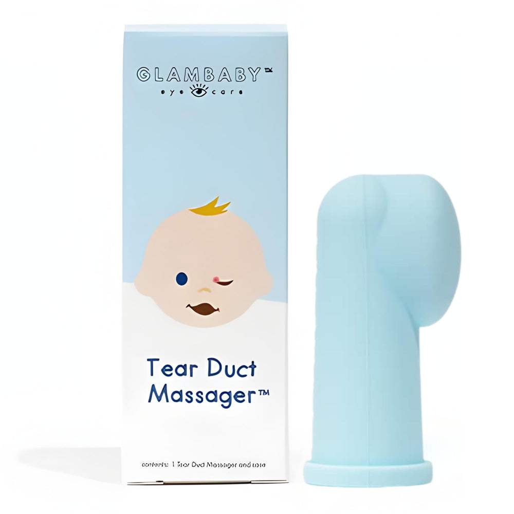GlamBaby Eye Care Tear Duct Massager in use showing gentle inner corner massage for kids