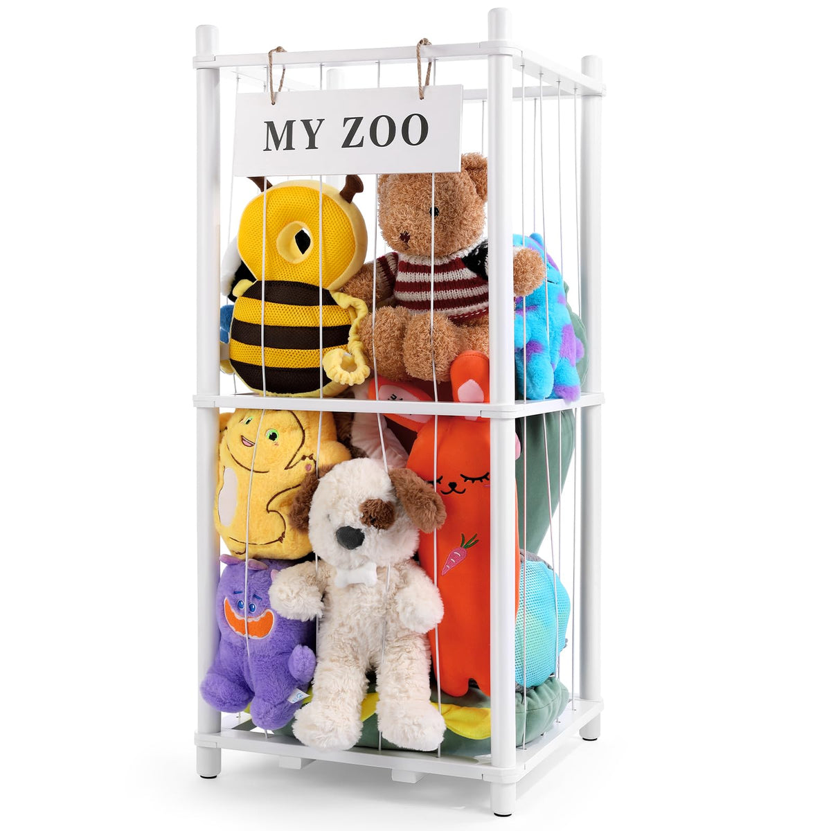 GLDZI stuffed animal storage vertical rack in white, space-saving solution for playrooms