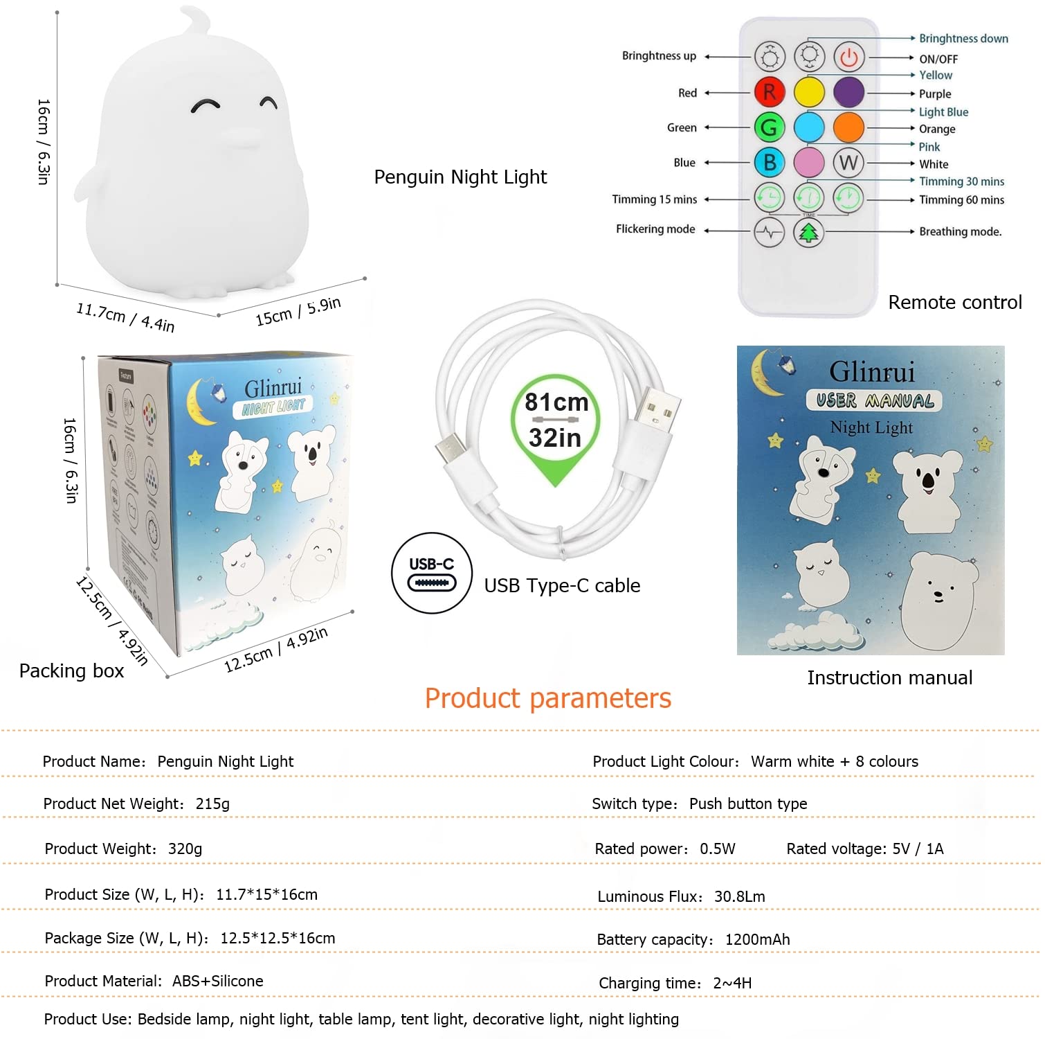 Glinrui penguin night light creates cozy bedroom ambience.
