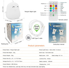 Glinrui penguin night light creates cozy bedroom ambience.