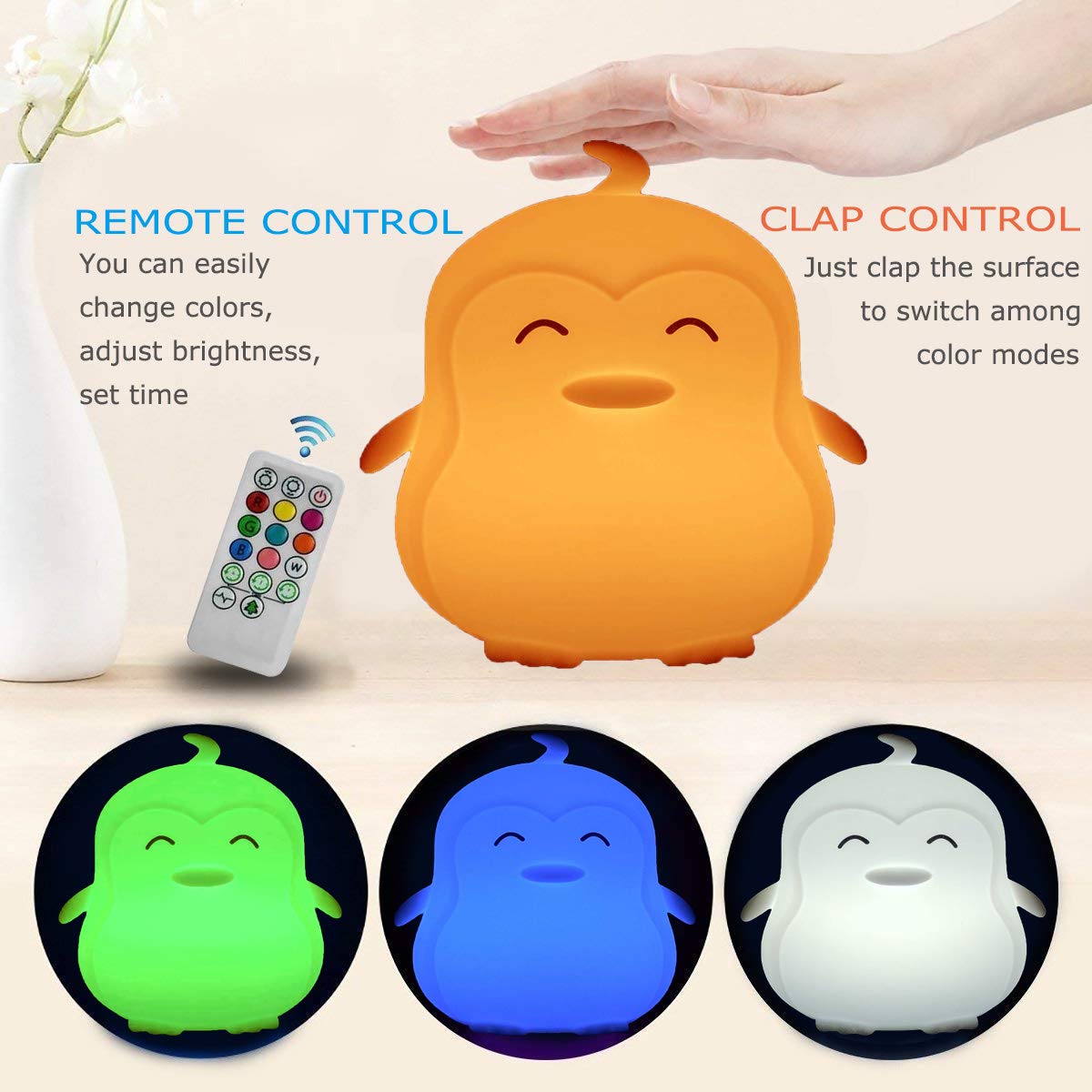 Glinrui penguin night light with time-setting for sleep routines.
