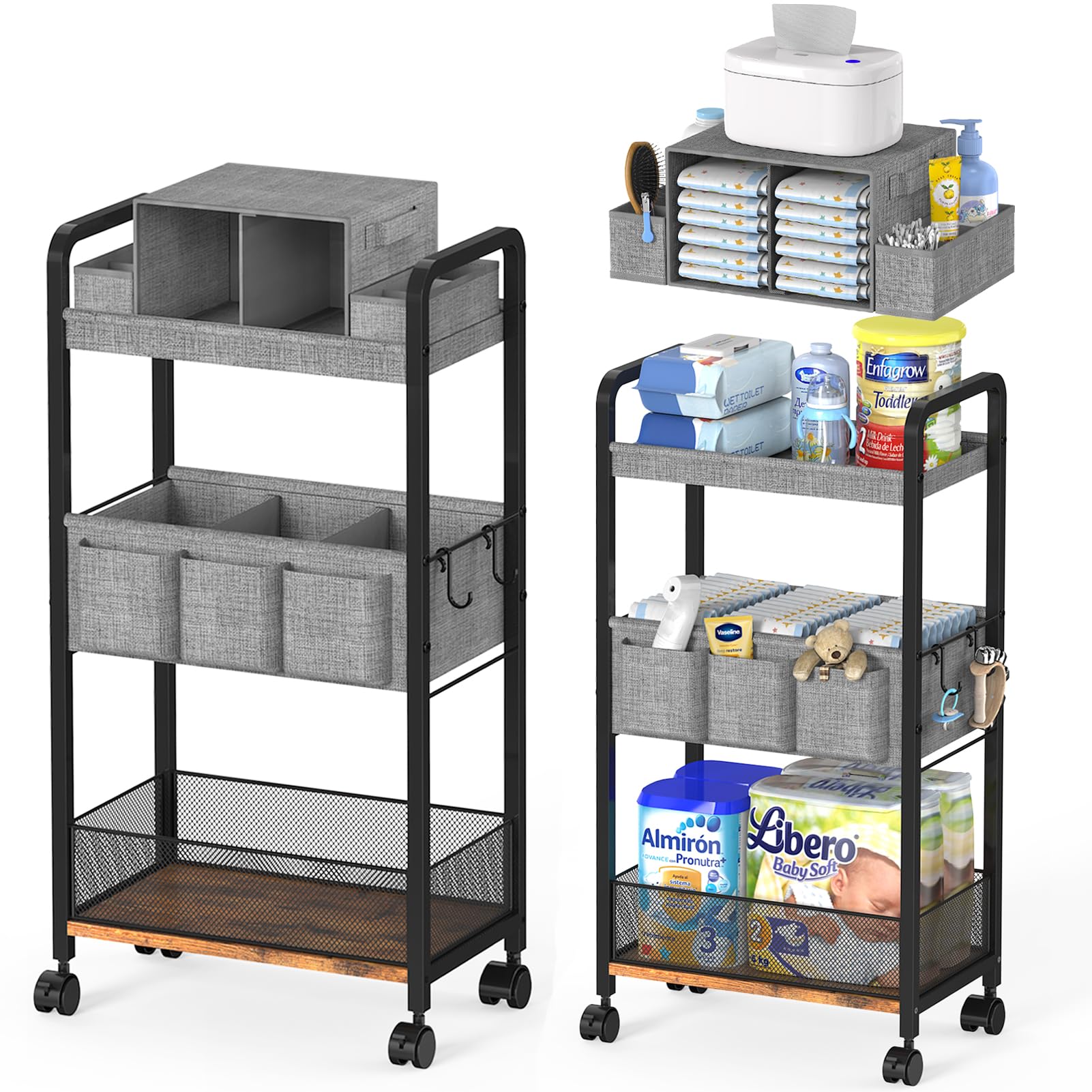 GLISWAM 2In1 diaper caddy top view showing large storage and adjustable dividers for easy organization.