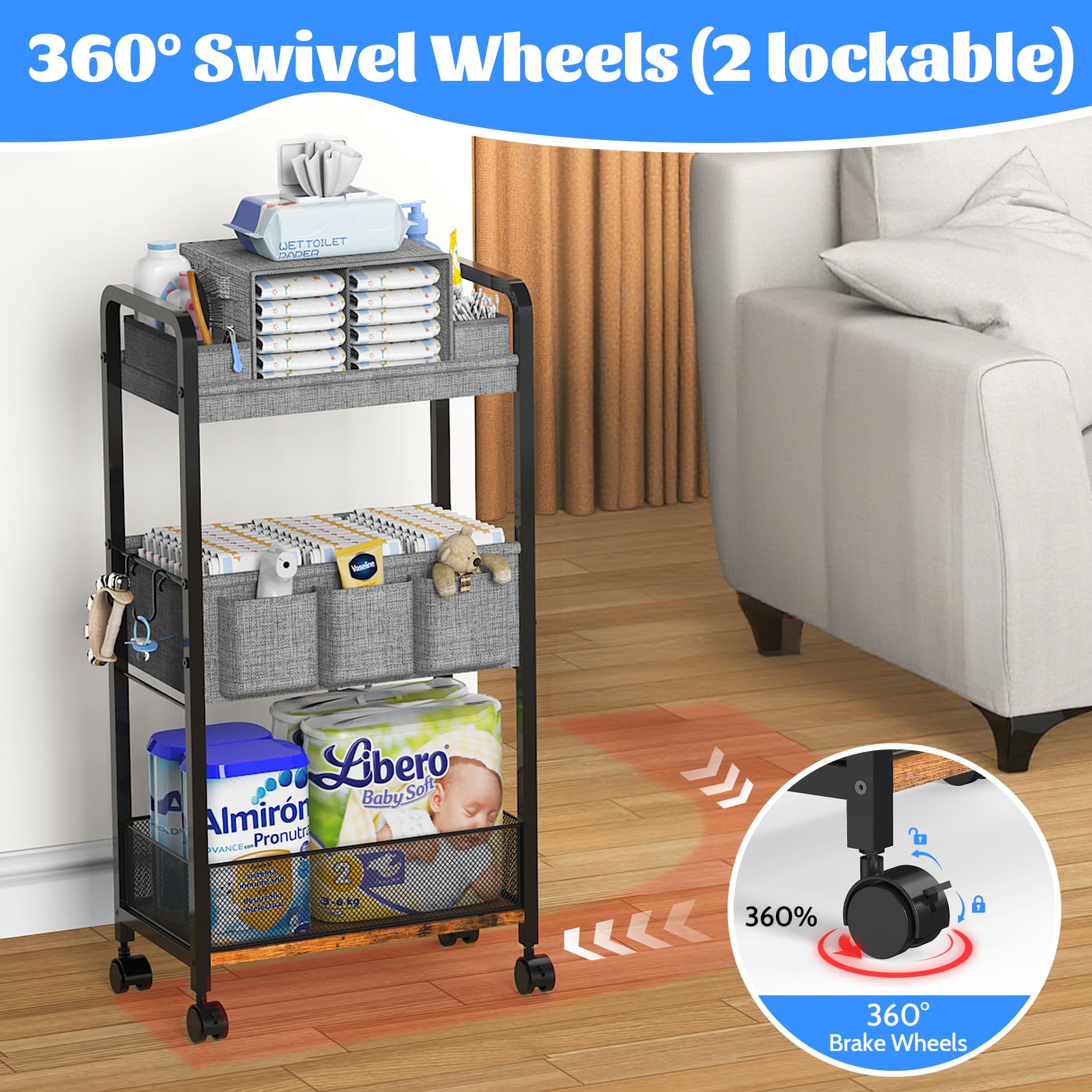 GLISWAM rolling cart wheels in action, 360° movement with locks for safety.