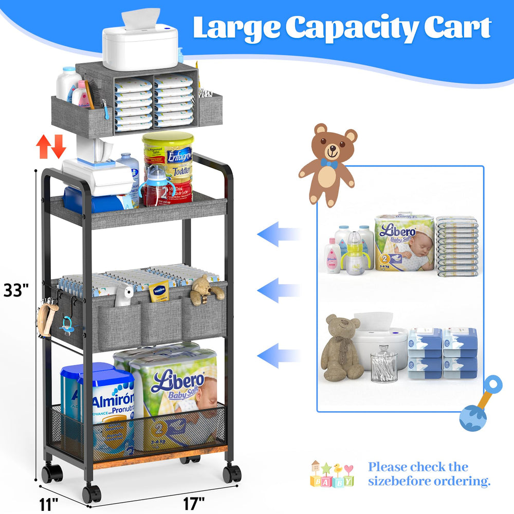 GLISWAM rolling cart close-up reveals durable metal frame and reinforced drawers for heavy baby items.