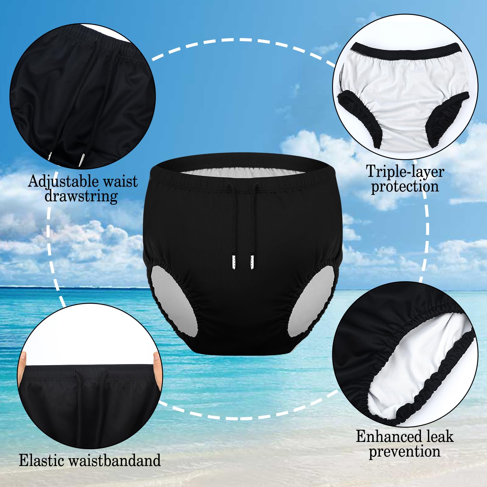 Glitopper adult swim diapers under swimwear shows discreet protection in water activities.
