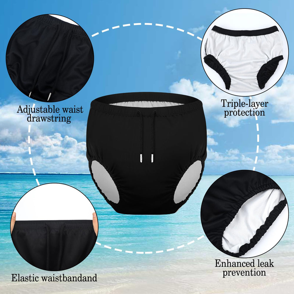 Glitopper adult swim diapers under swimwear shows discreet protection in water activities.