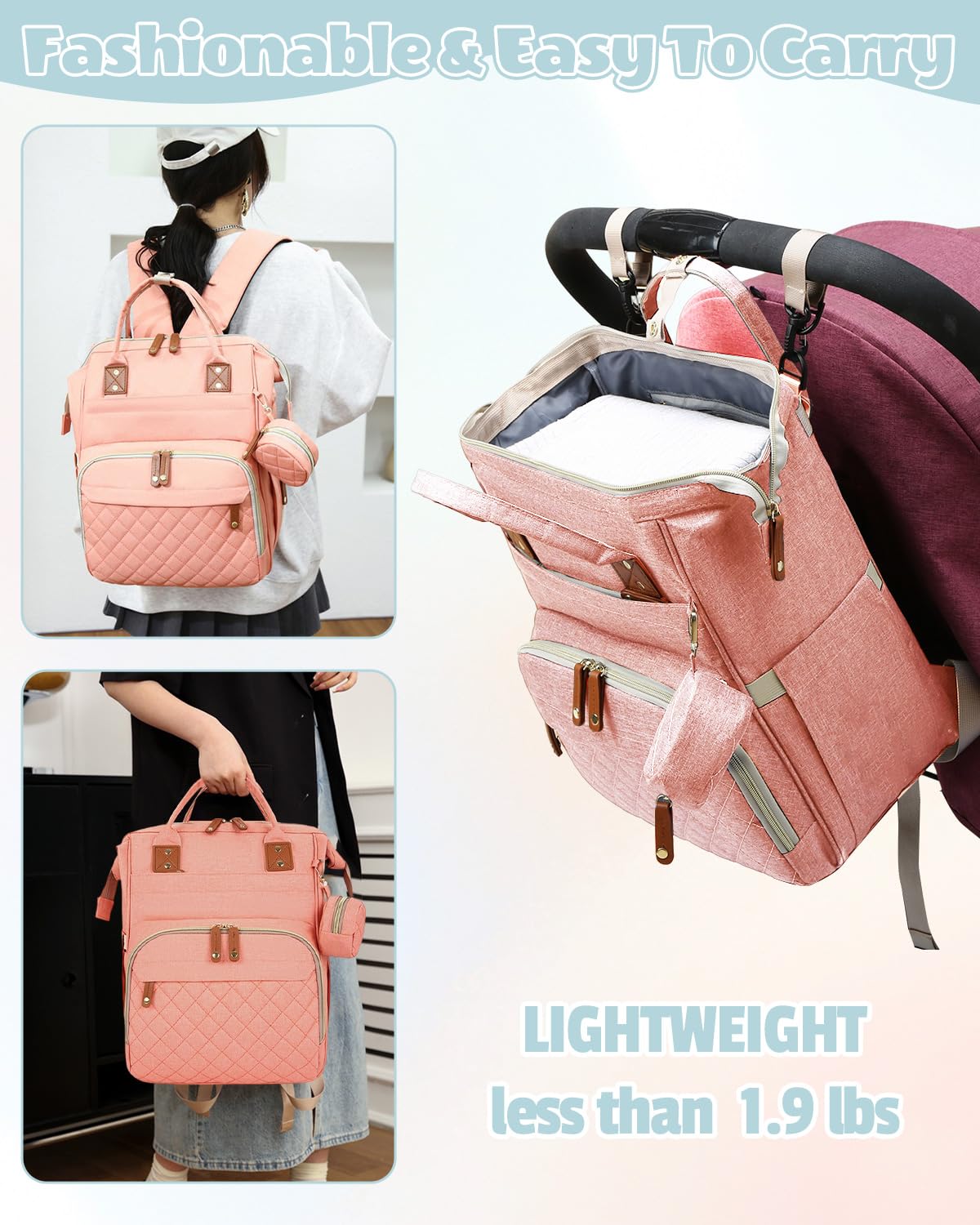 GLIXAVIA pink diaper bag adjustable straps offer comfortable long-day carrying.