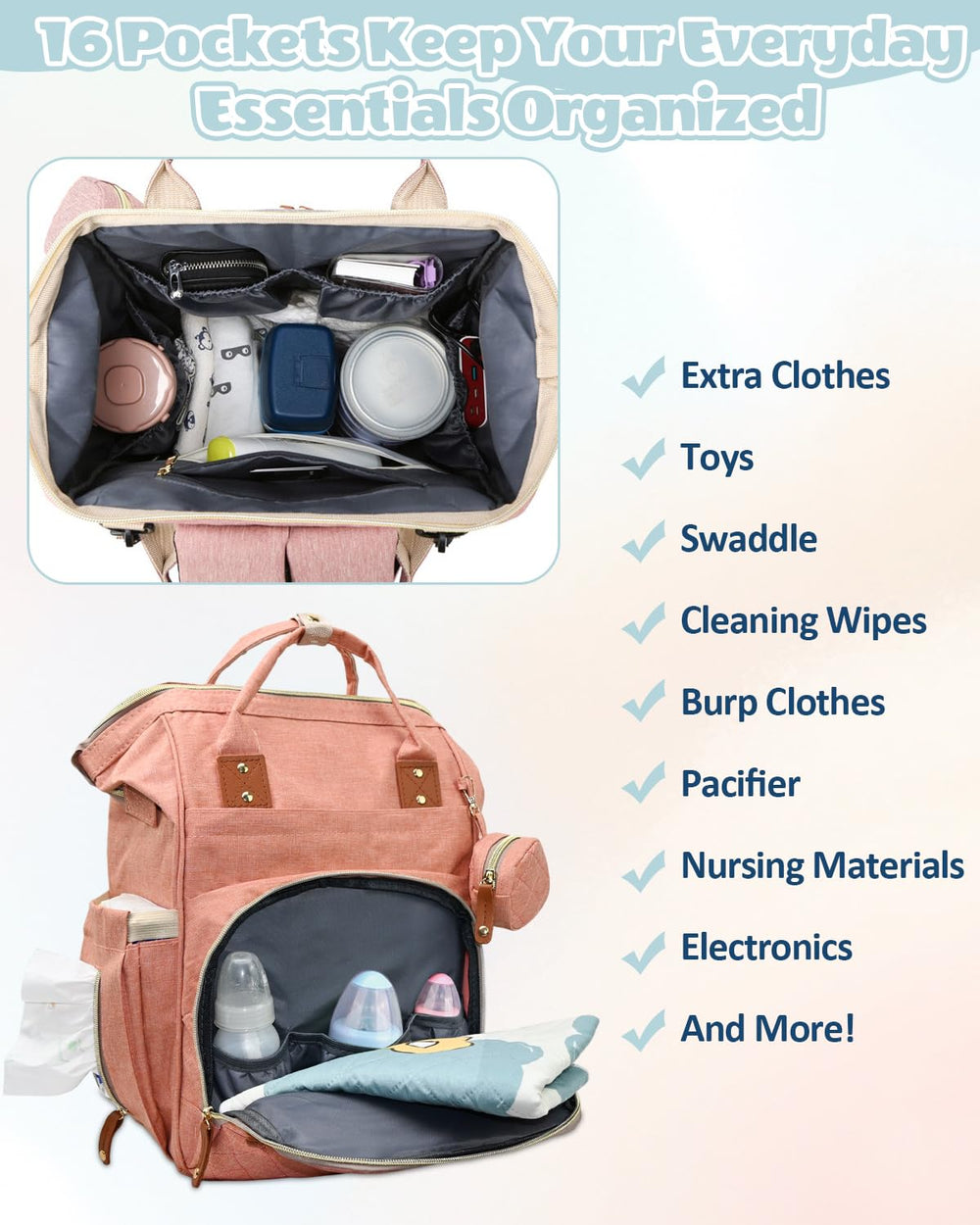 GLIXAVIA pink diaper bag changing pad included for on-the-go changes.