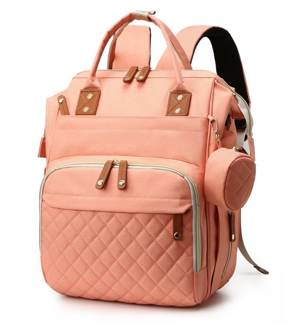 GLIXAVIA pink diaper bag front pocket for quick-access essentials.