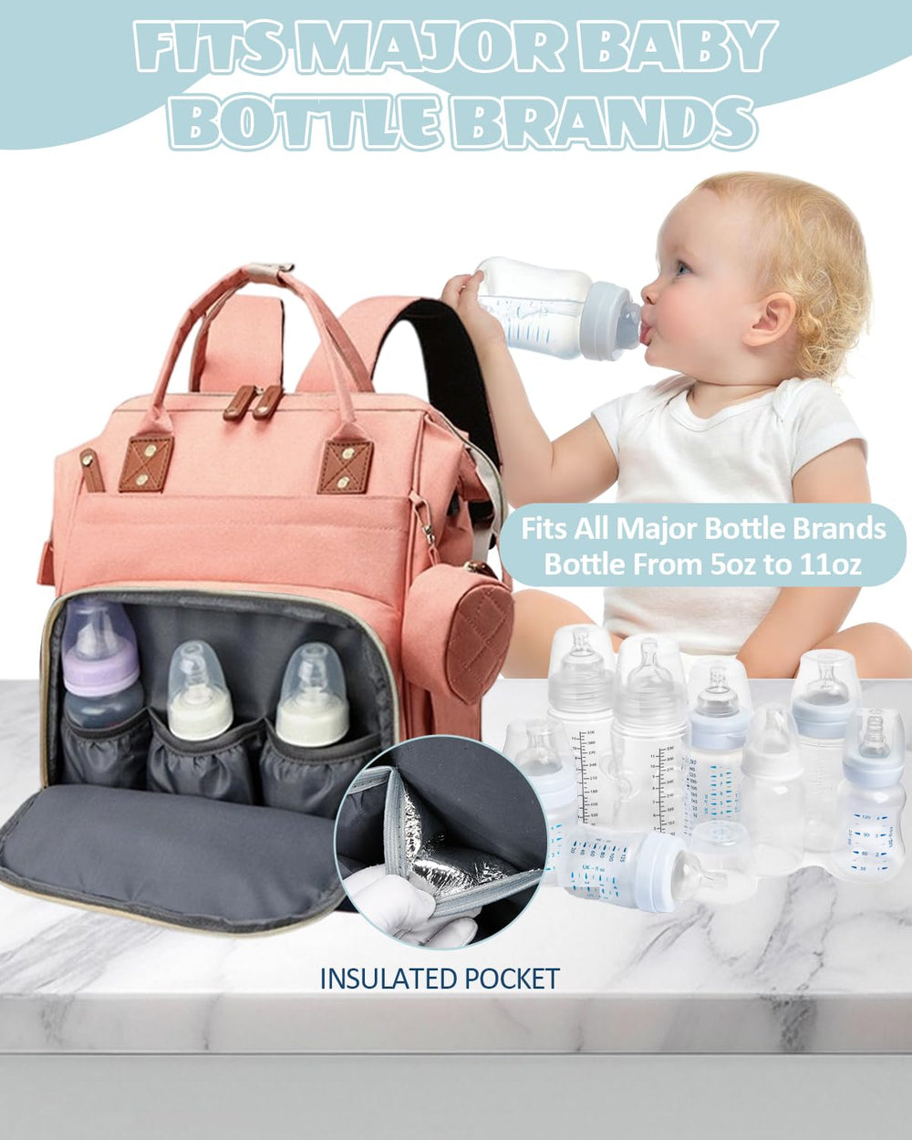 GLIXAVIA pink diaper bag insulated bottle holders keep drinks at the right temperature.