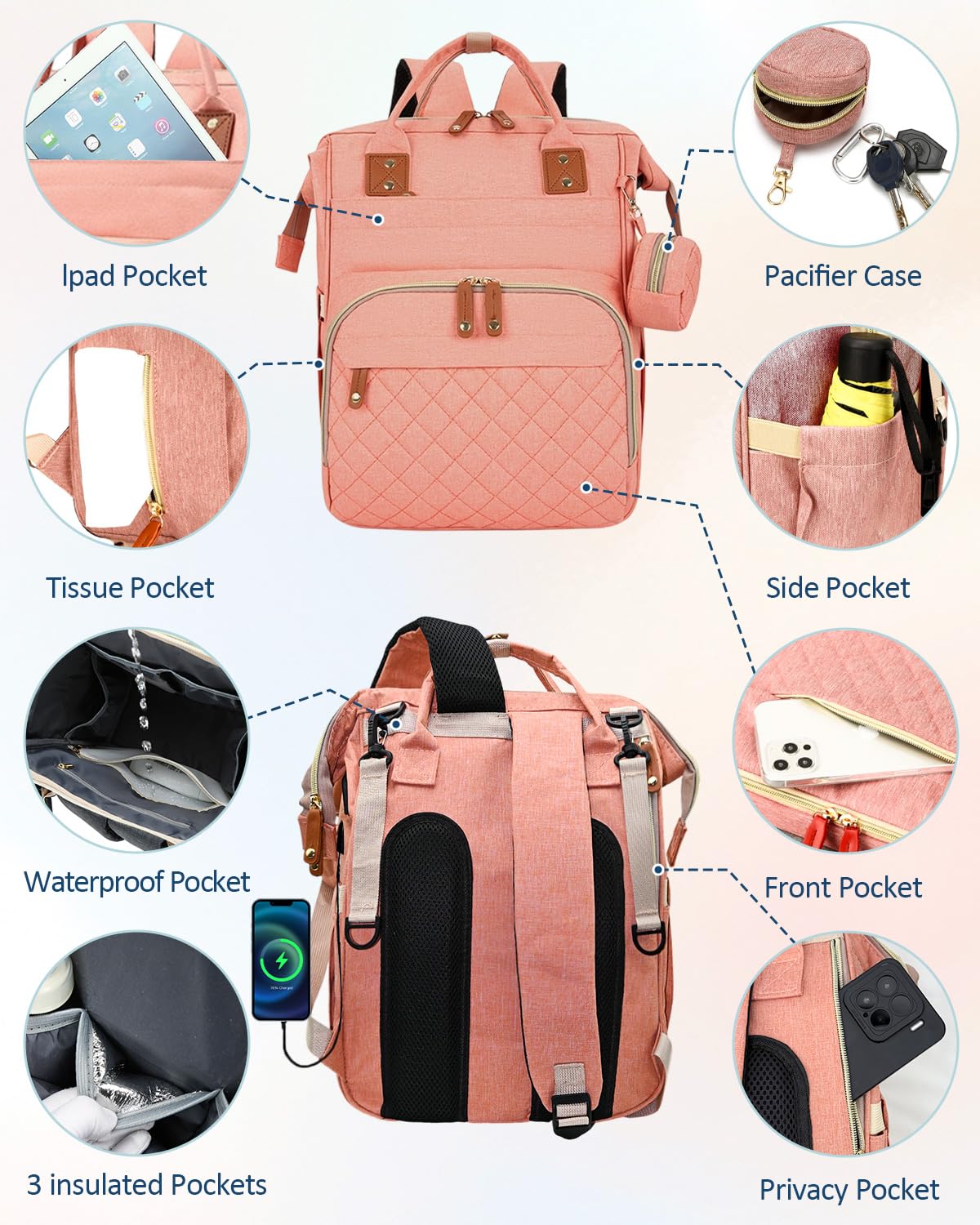 GLIXAVIA pink diaper bag wide main compartment for organized baby gear.