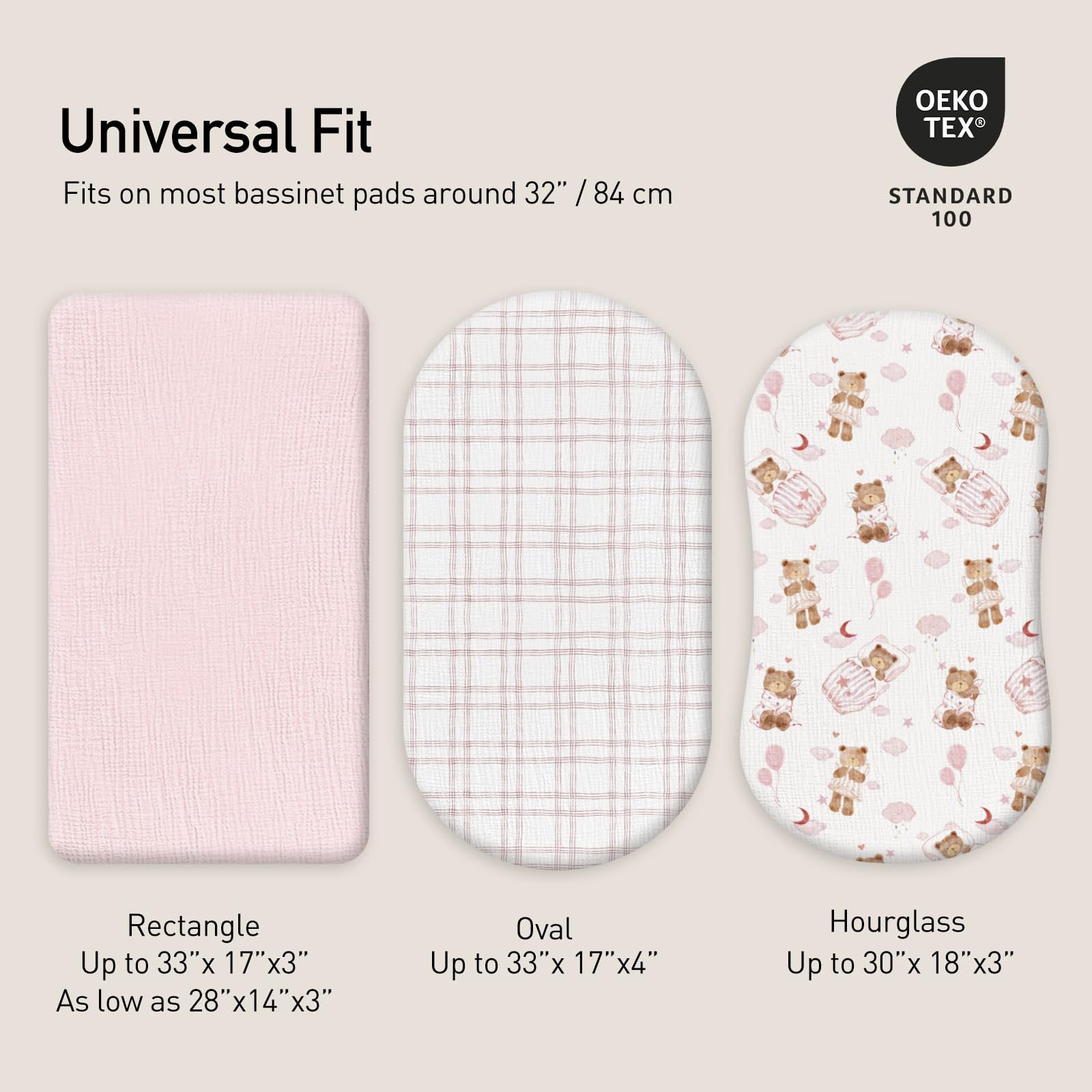 Sheet fitted on a 33x17 inch bassinet demonstrates quick changes