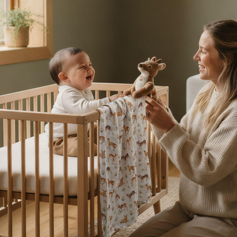 GLLQUEN BABY Deerling swaddle blanket gift-ready packaging.