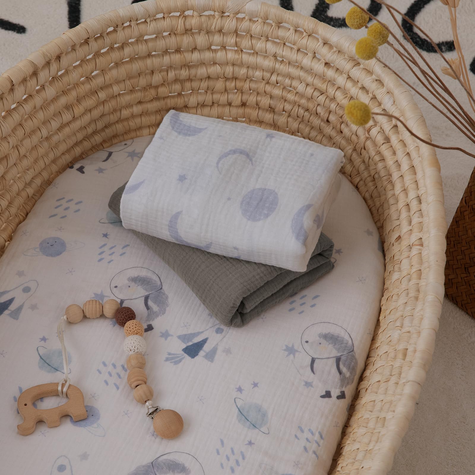 Folded sheets beside packaging for gifting practicality