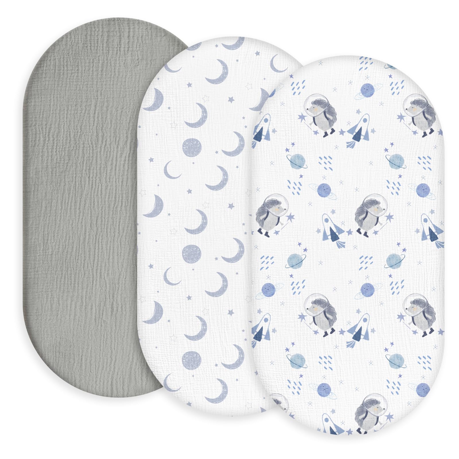 Gllquen Baby 3-pack muslin bassinet sheets, pack shot highlighting breathable fabric