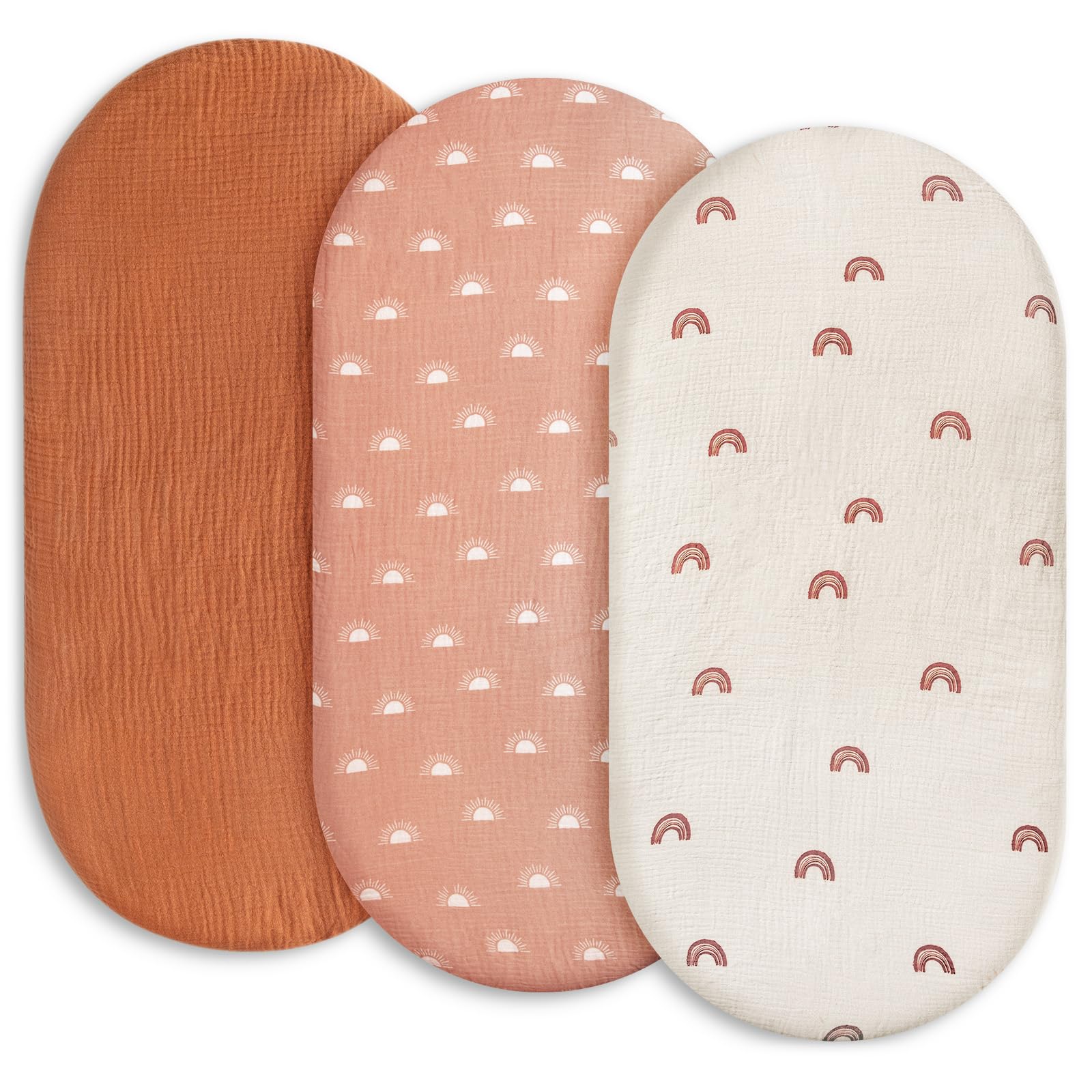 GLLQUEN BABY muslin bassinet sheets in rainbow packaging for easy nursery setup.