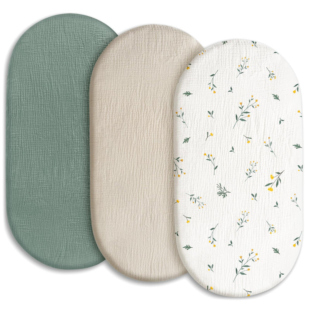 Gllquen Baby 3-pack muslin bassinet sheets offer breathable, moisture-absorbing comfort