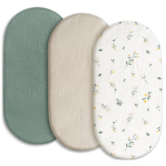Gllquen Baby 3-pack muslin bassinet sheets offer breathable, moisture-absorbing comfort