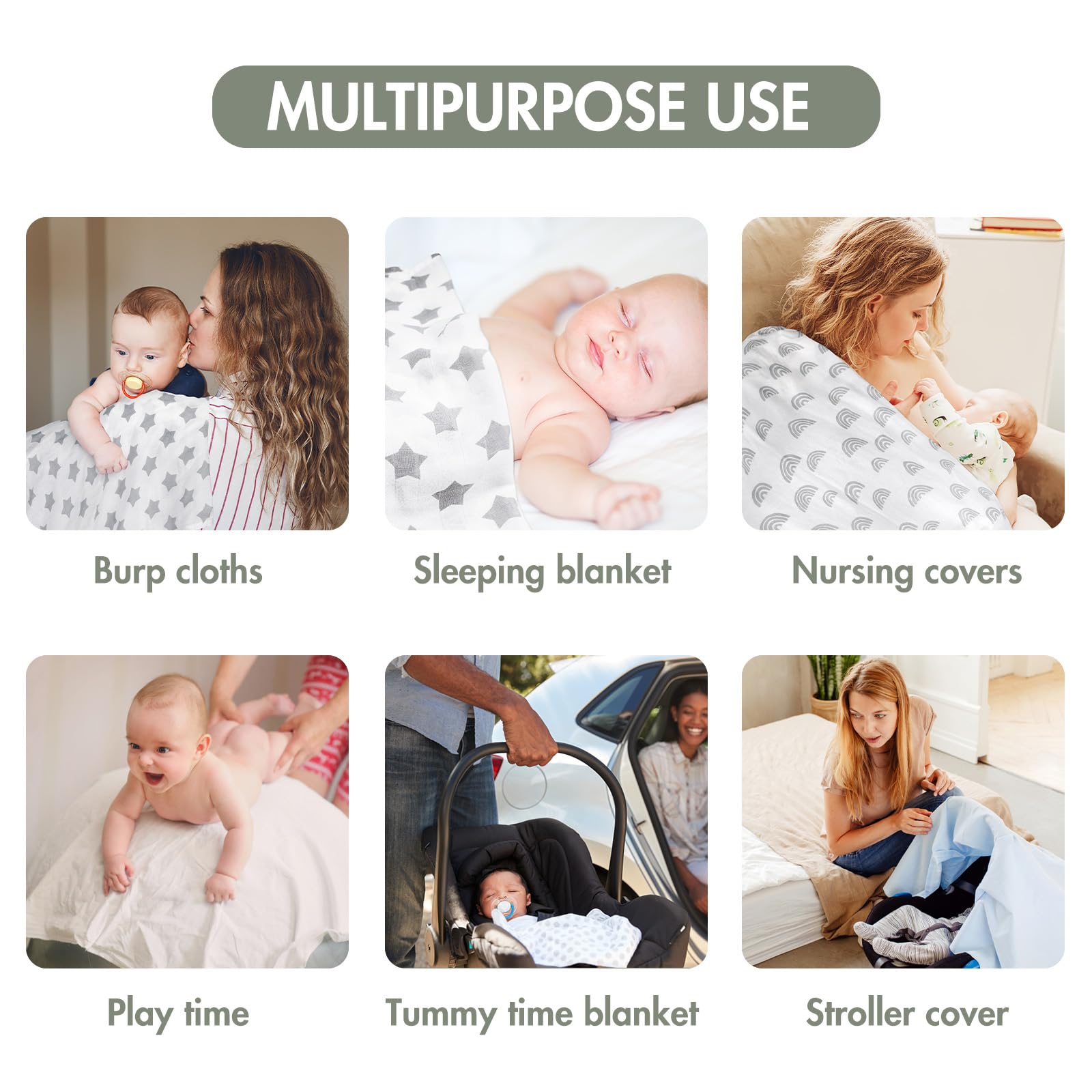 GLLQUEN BABY six-pack swaddle blankets keep essentials ready at hand.