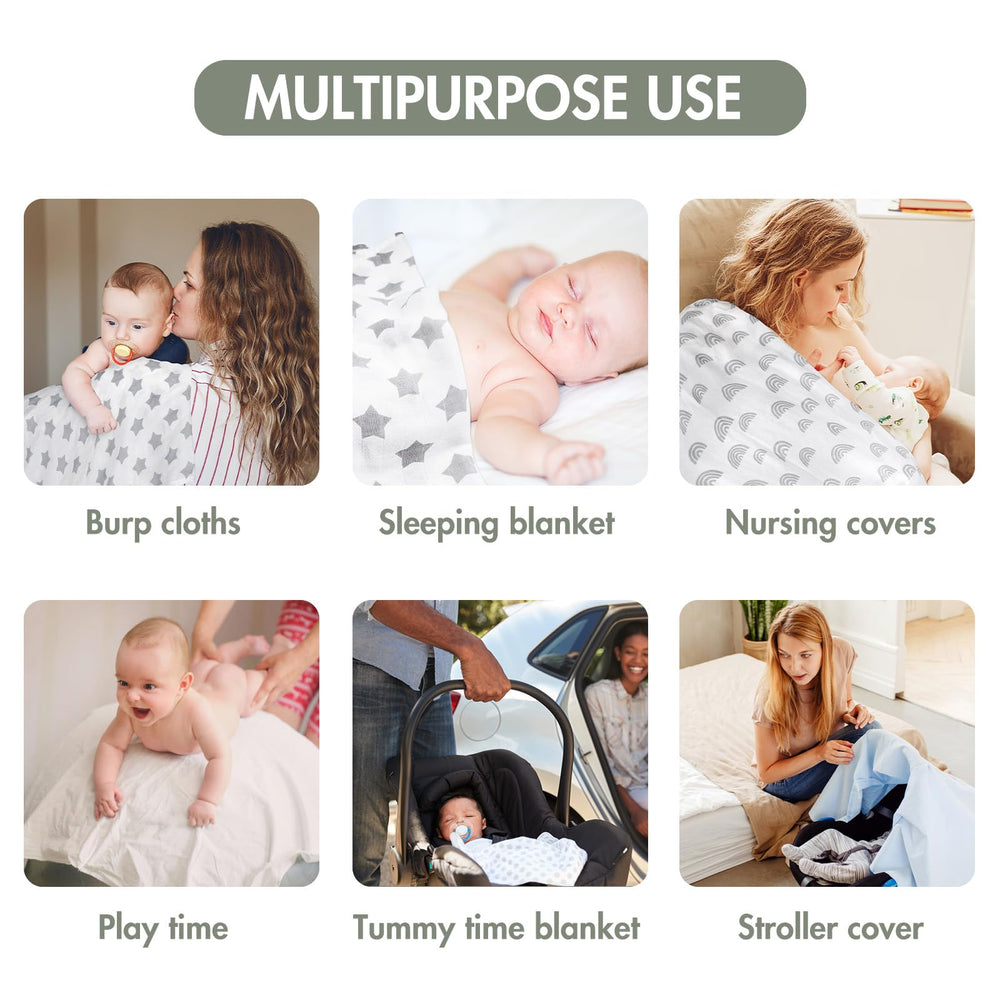 GLLQUEN BABY six-pack swaddle blankets keep essentials ready at hand.