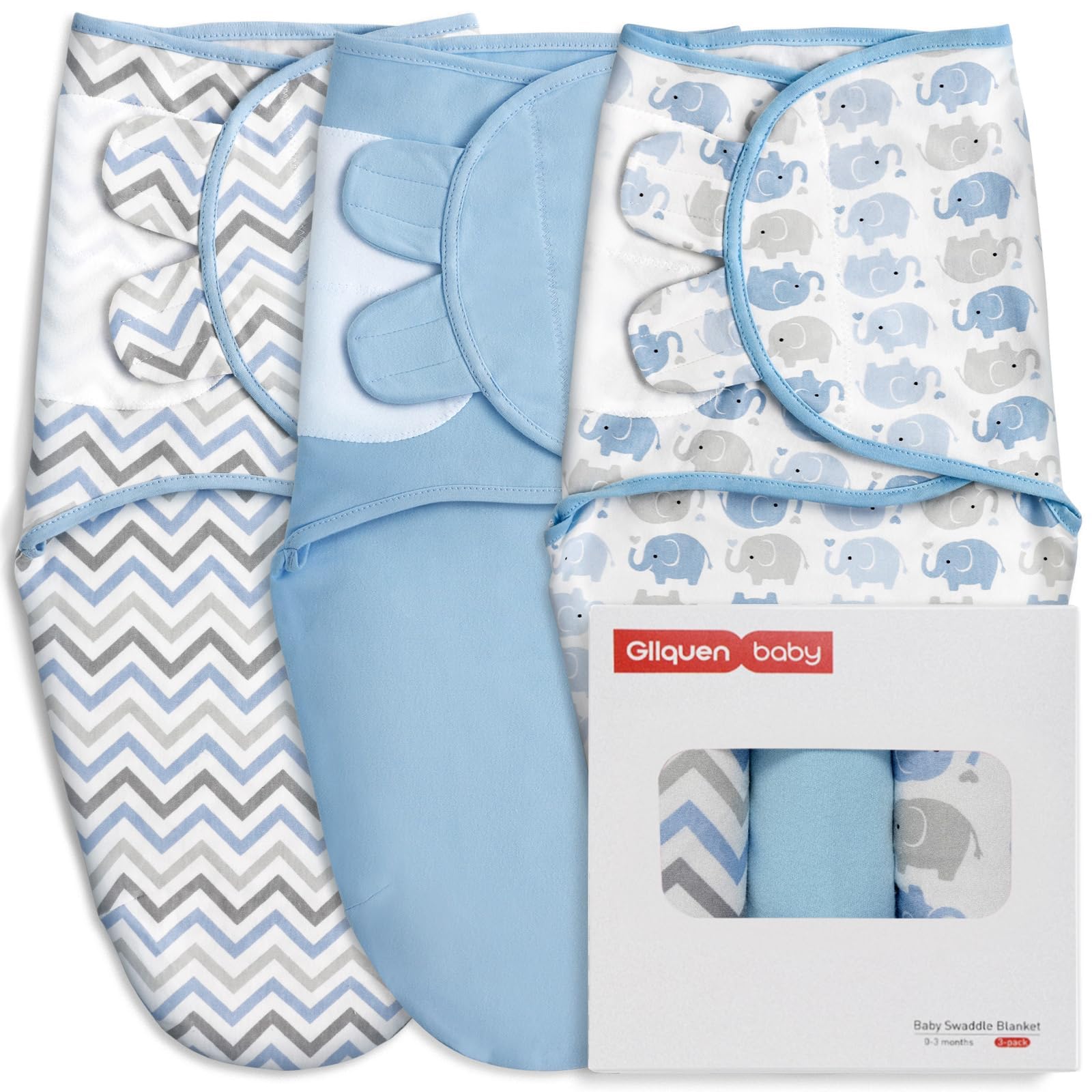 GLLQUEN BABY swaddle 3-pack flat lay, organized newborn sleep essentials.