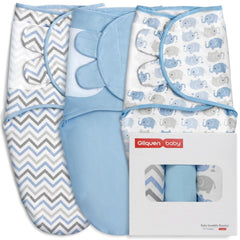 GLLQUEN BABY swaddle 3-pack flat lay, organized newborn sleep essentials.