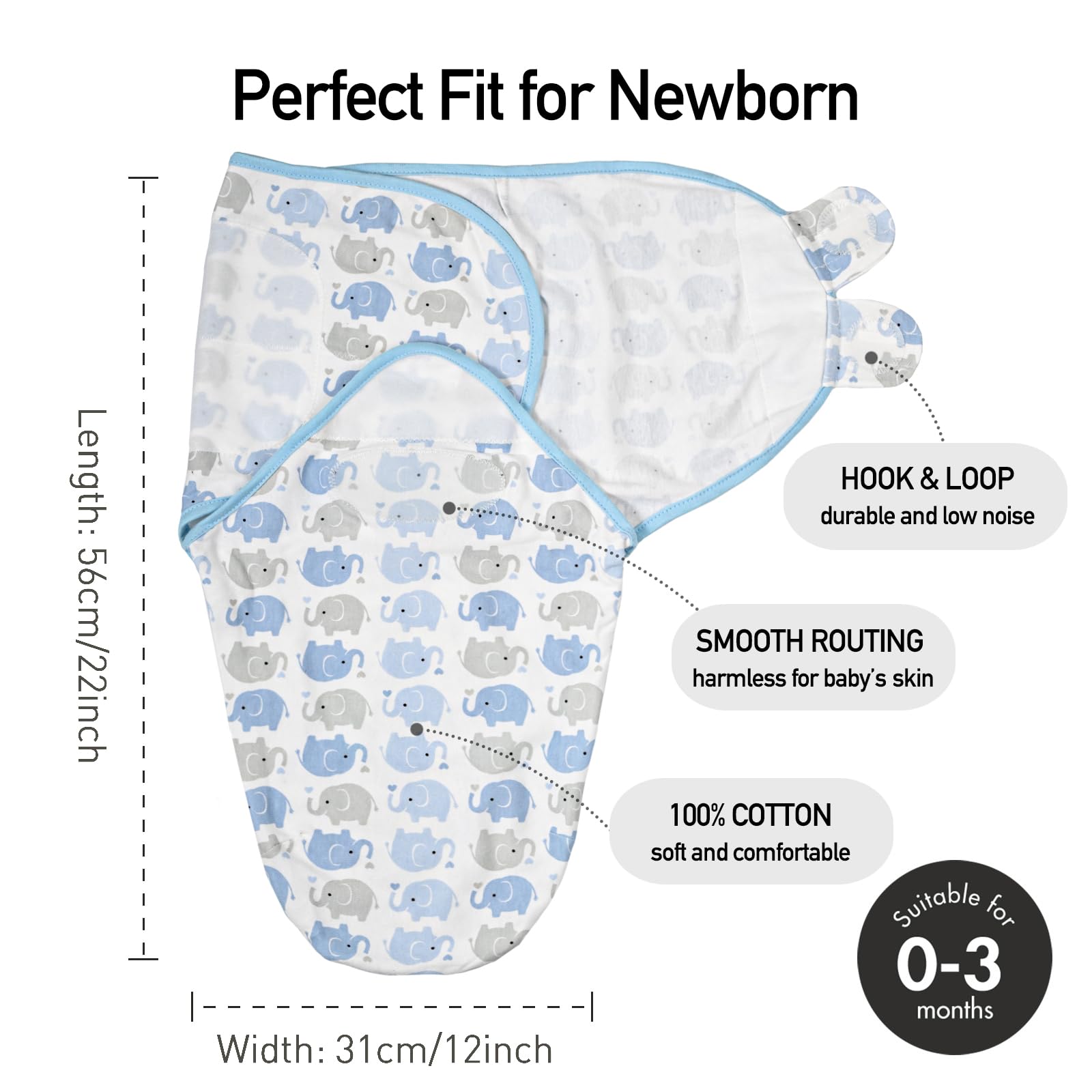 GLLQUEN BABY swaddle blue elephants pattern, cute design for baby.