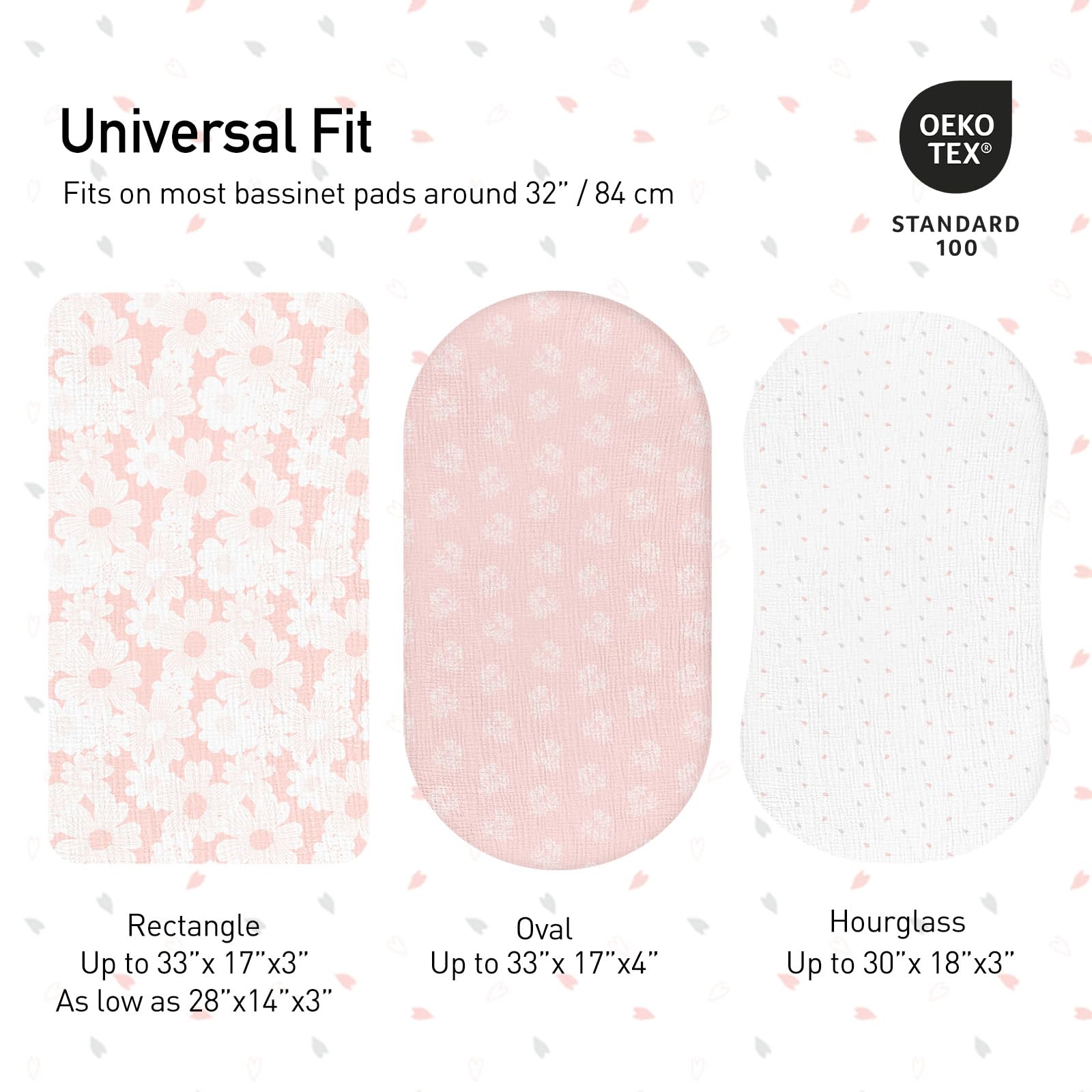 Gllquen bassinet sheets showing universal fit for hourglass/oval shapes.