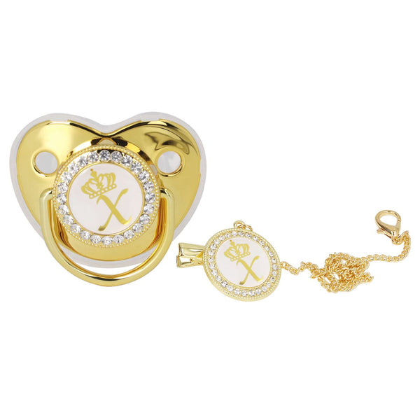 GLOGLOW golden-letter pacifier with crown design and rhinestones for stylish baby photos.