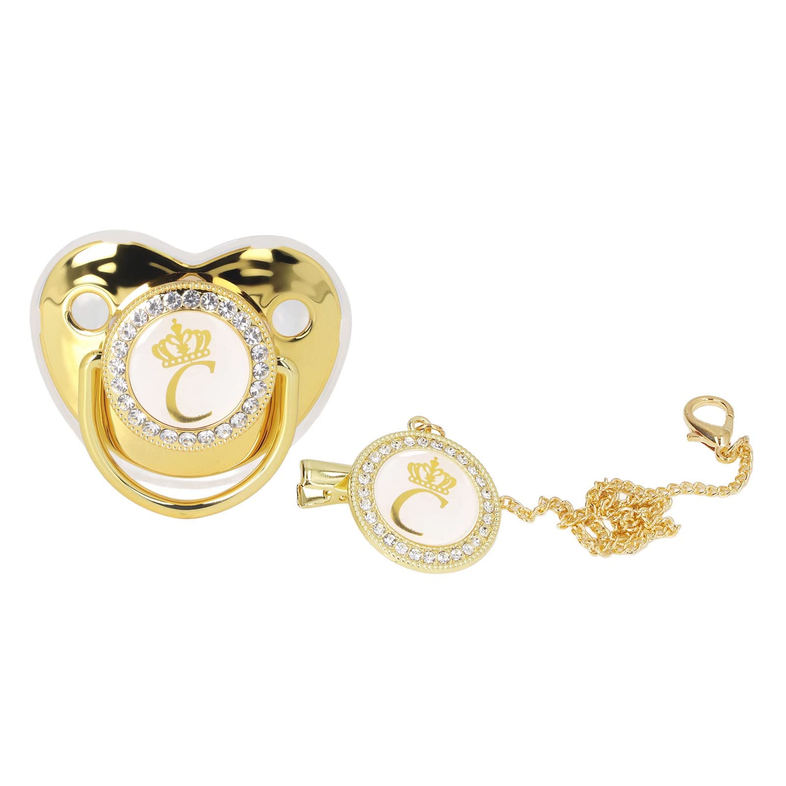 GLOGLOW Golden Letter Pacifier front view with bling for newborn comfort.