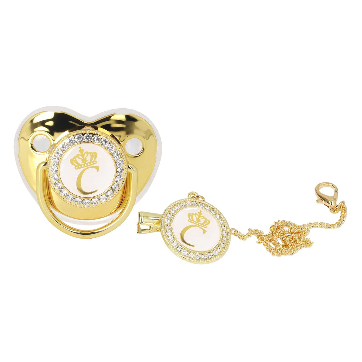 GLOGLOW Golden Letter Pacifier front view with bling for newborn comfort.