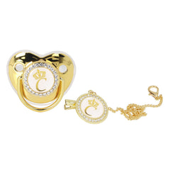 GLOGLOW Golden Letter Pacifier front view with bling for newborn comfort.