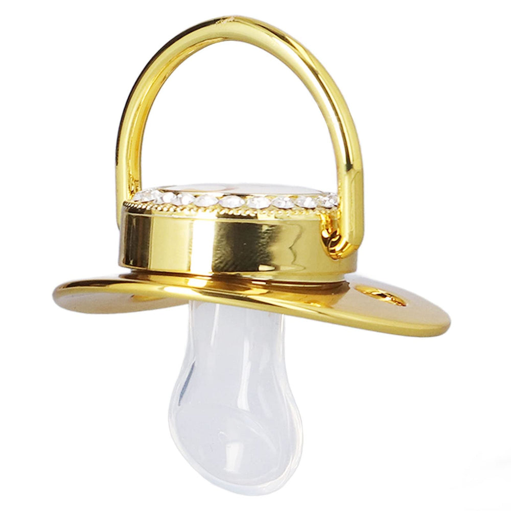 GLOGLOW Golden Letter Pacifier close-up highlighting rhinestones and premium materials.